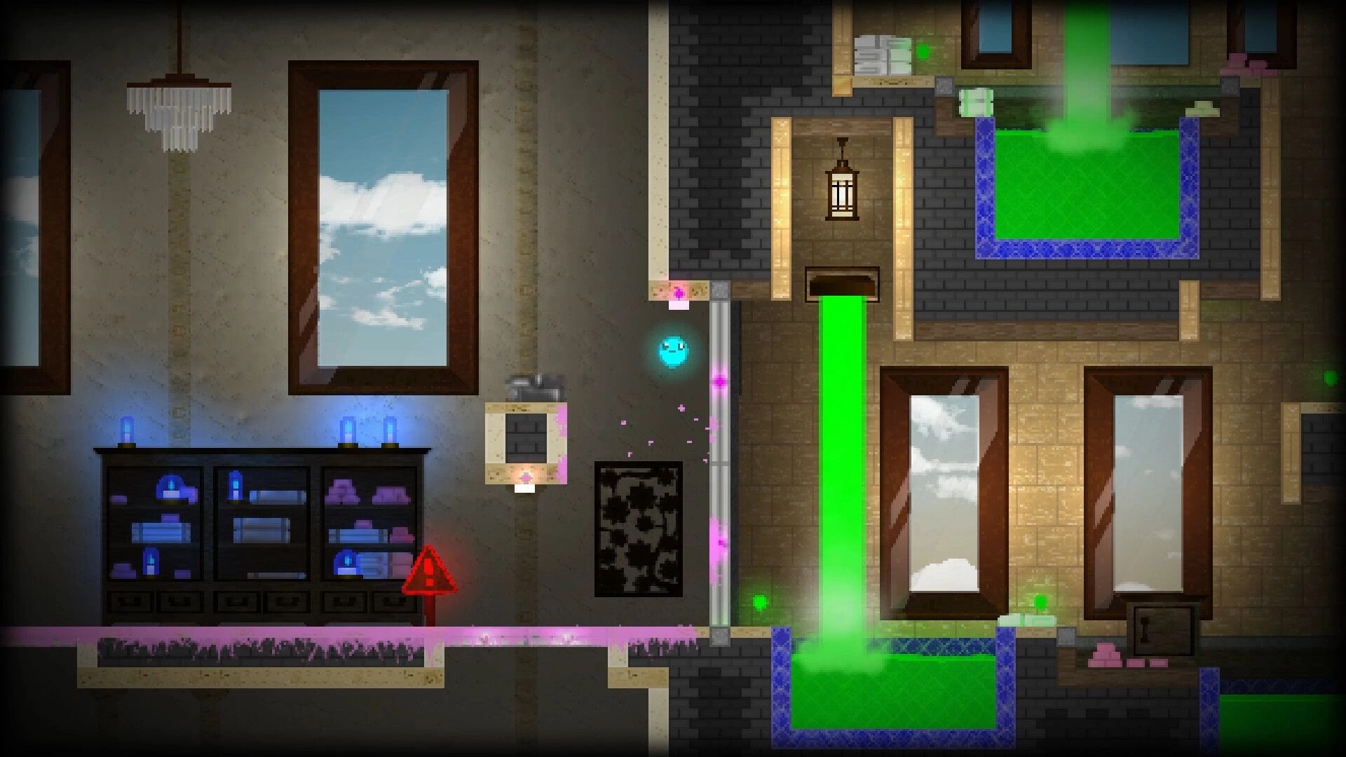 The Melty Way: Blue slime jumps past purple hazards and green acid stream in a brick building interior