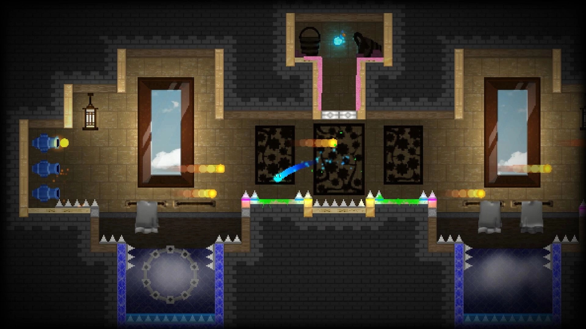 The Melty Way: Blue slime dashes past fireballs and spikes in a brick dungeon room with windows