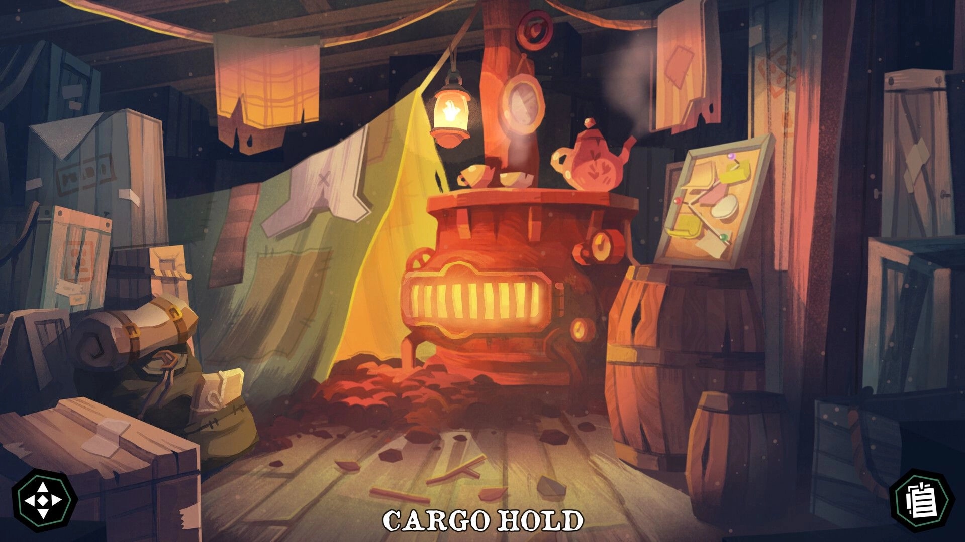 The Mermaid Mask: Cozy cargo hold with a glowing furnace, crates, and a bulletin board with notes.