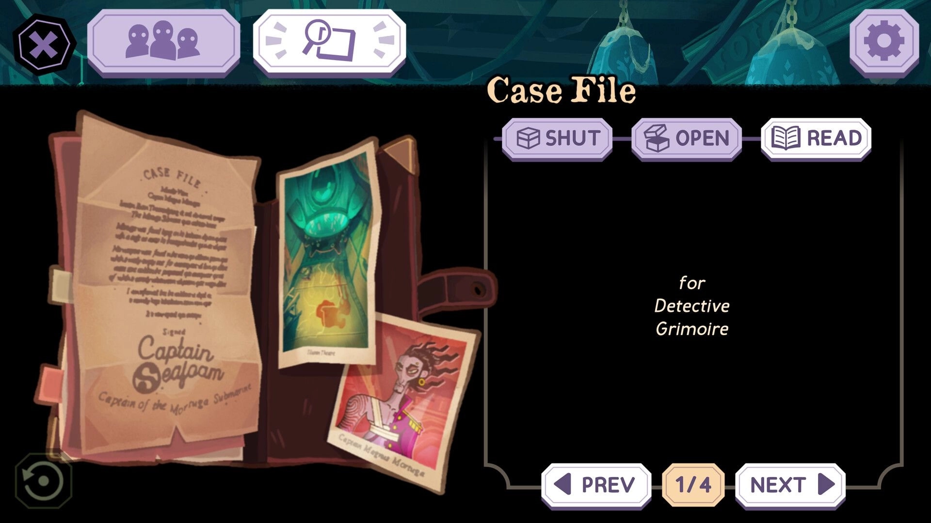The Mermaid Mask: Detective Grimoire's case file with images and controls in a submarine setting