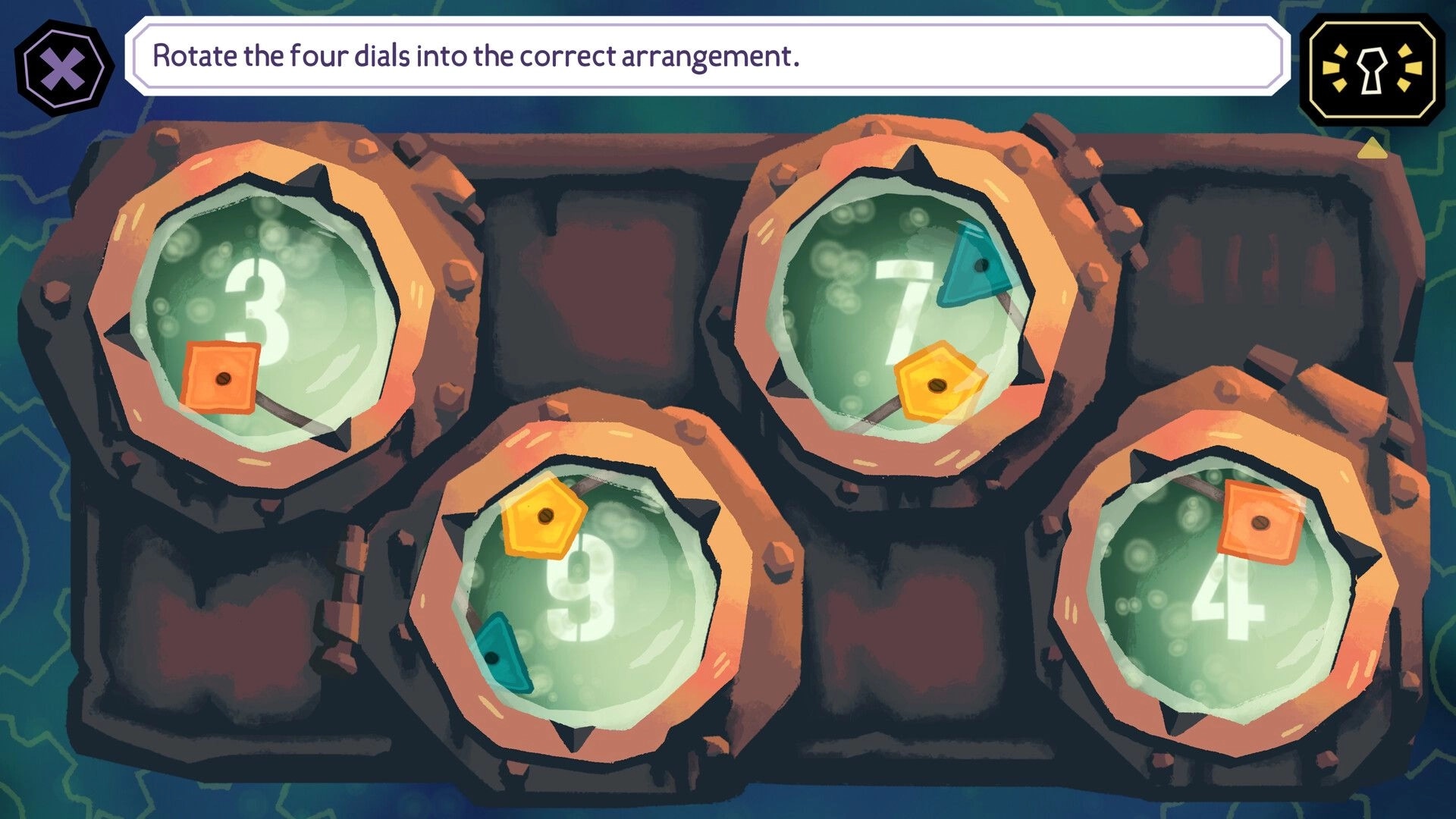 The Mermaid Mask: Puzzle interface with four numbered dials requiring rotation to solve in submarine setting