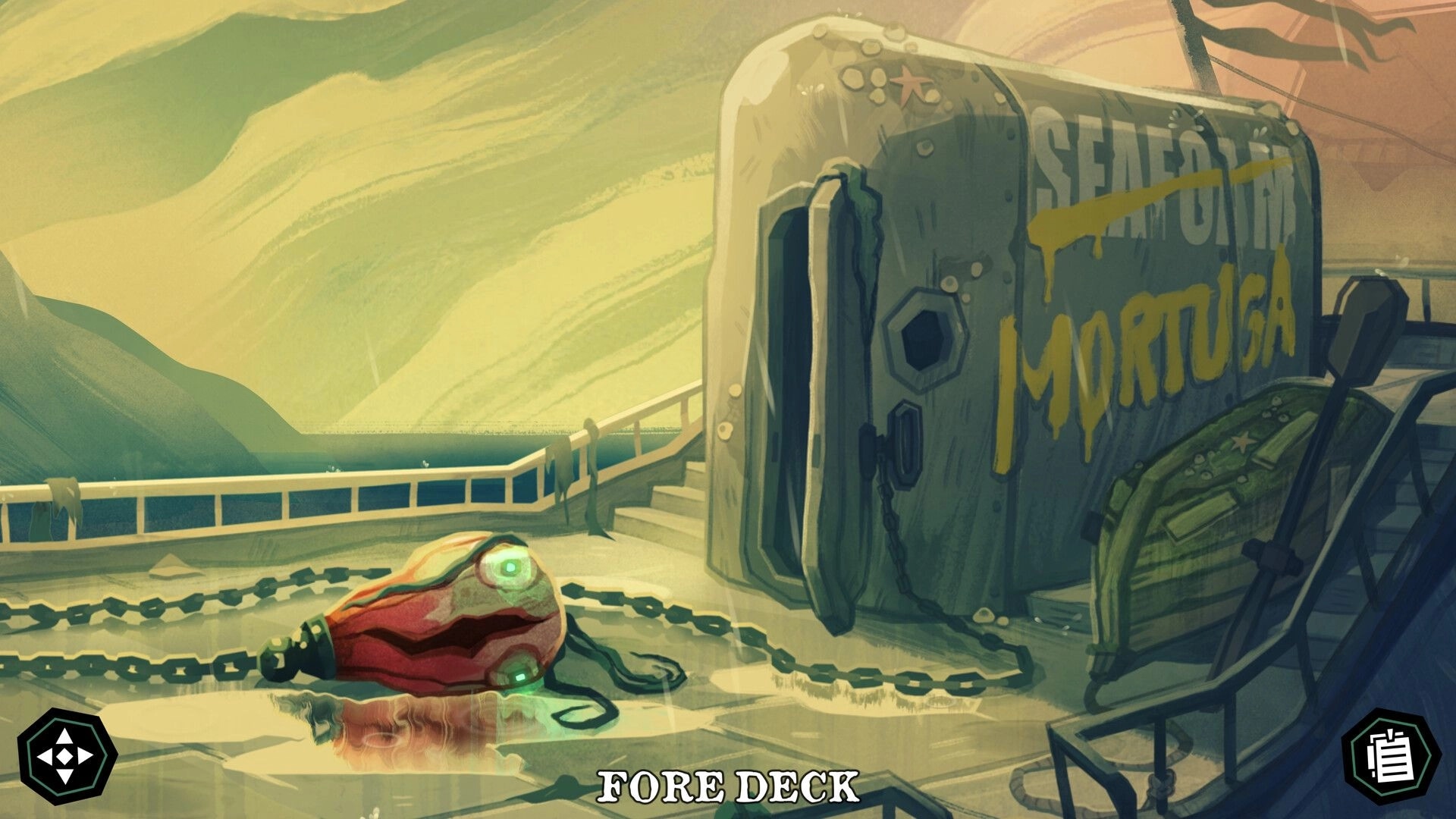 The Mermaid Mask: Fore deck with ancient cauldron and entrance to submarine marked "Mortuga"