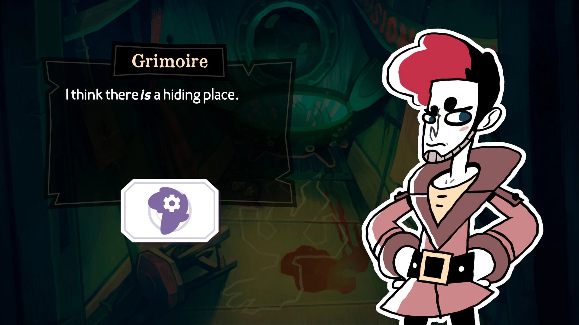 The Mermaid Mask: Grimoire investigates a bloodstained floor in a dimly lit submarine room