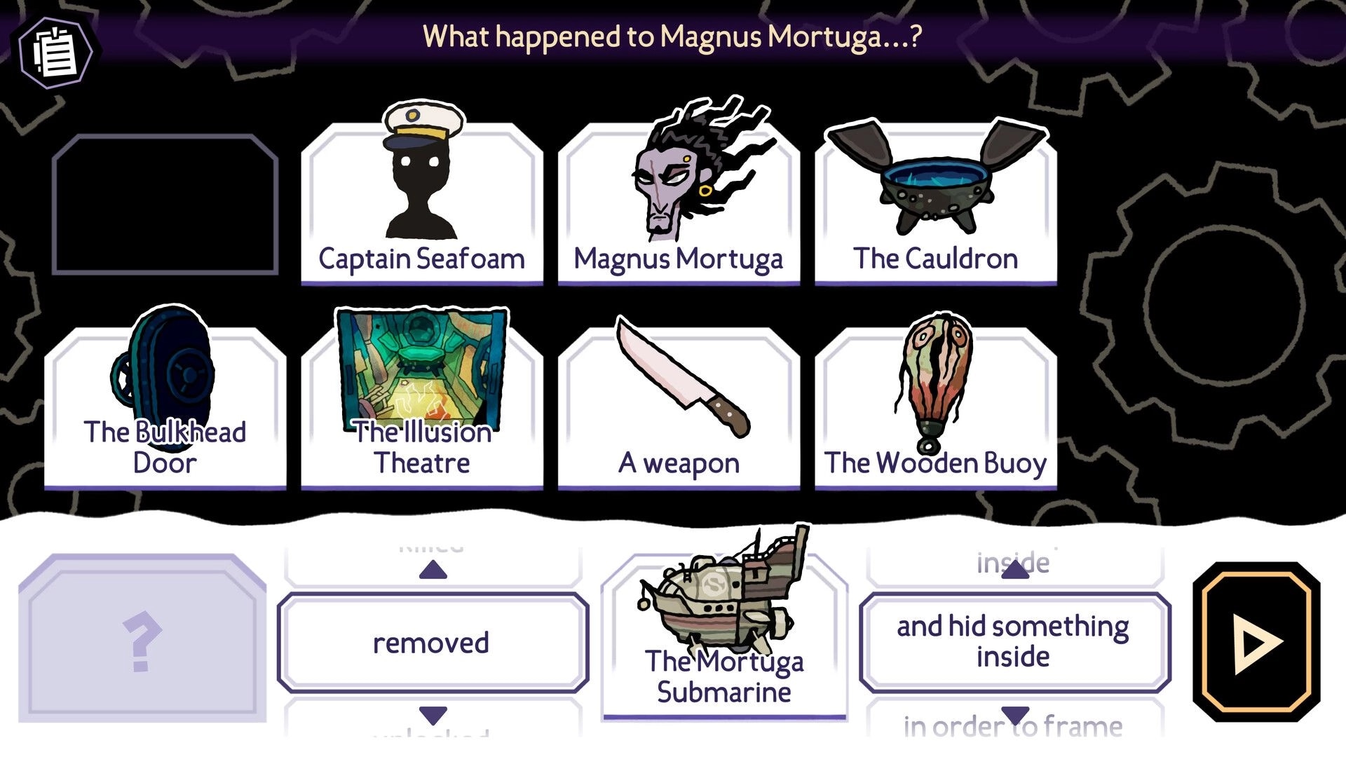 The Mermaid Mask: Clue selection interface featuring characters, objects, and The Mortuga Submarine