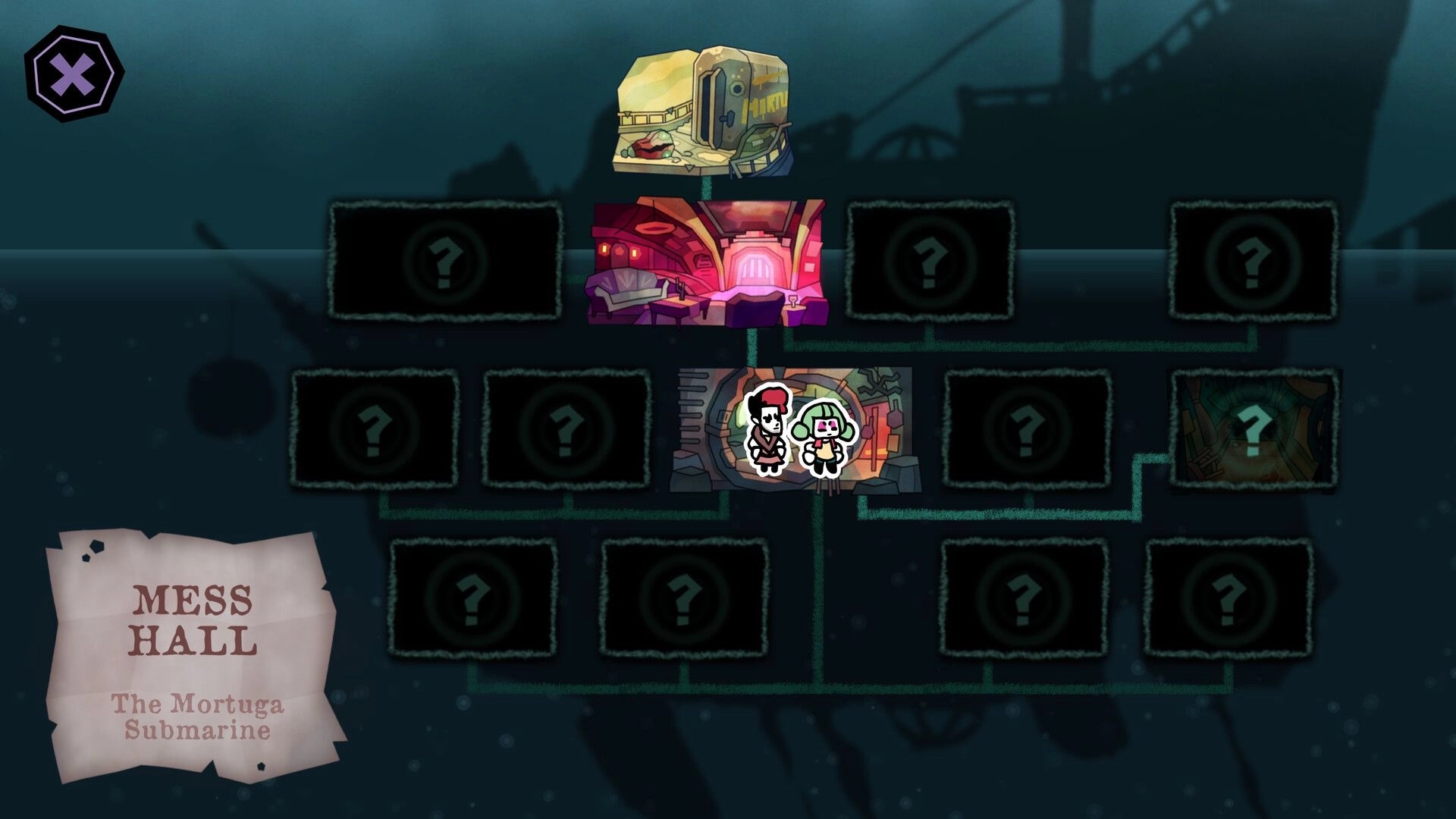 The Mermaid Mask: Mess hall layout with map nodes, two character icons, and a submarine setting