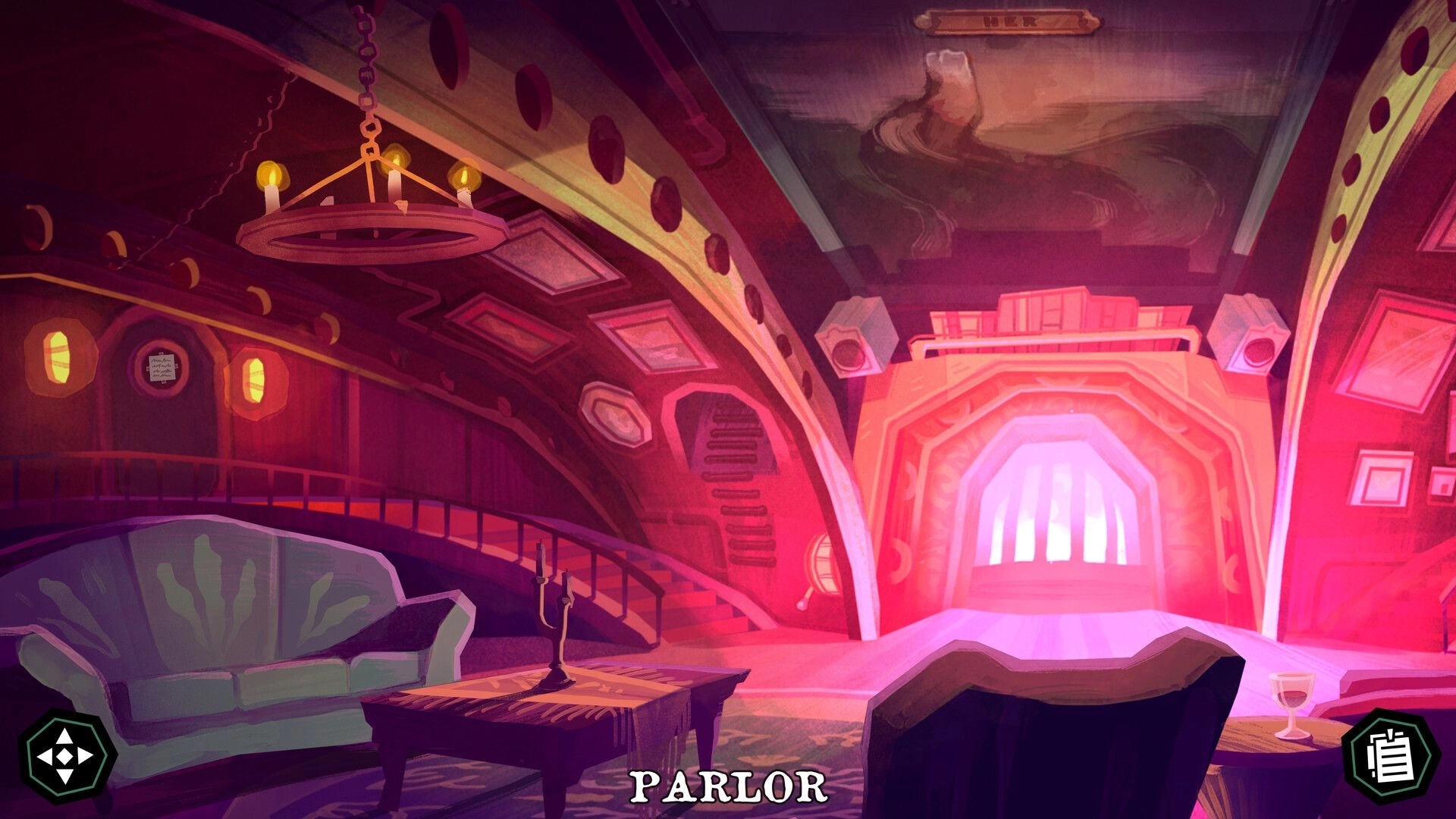 The Mermaid Mask: Cozy parlor with glowing chandelier and mysterious glowing archway in submarine interior