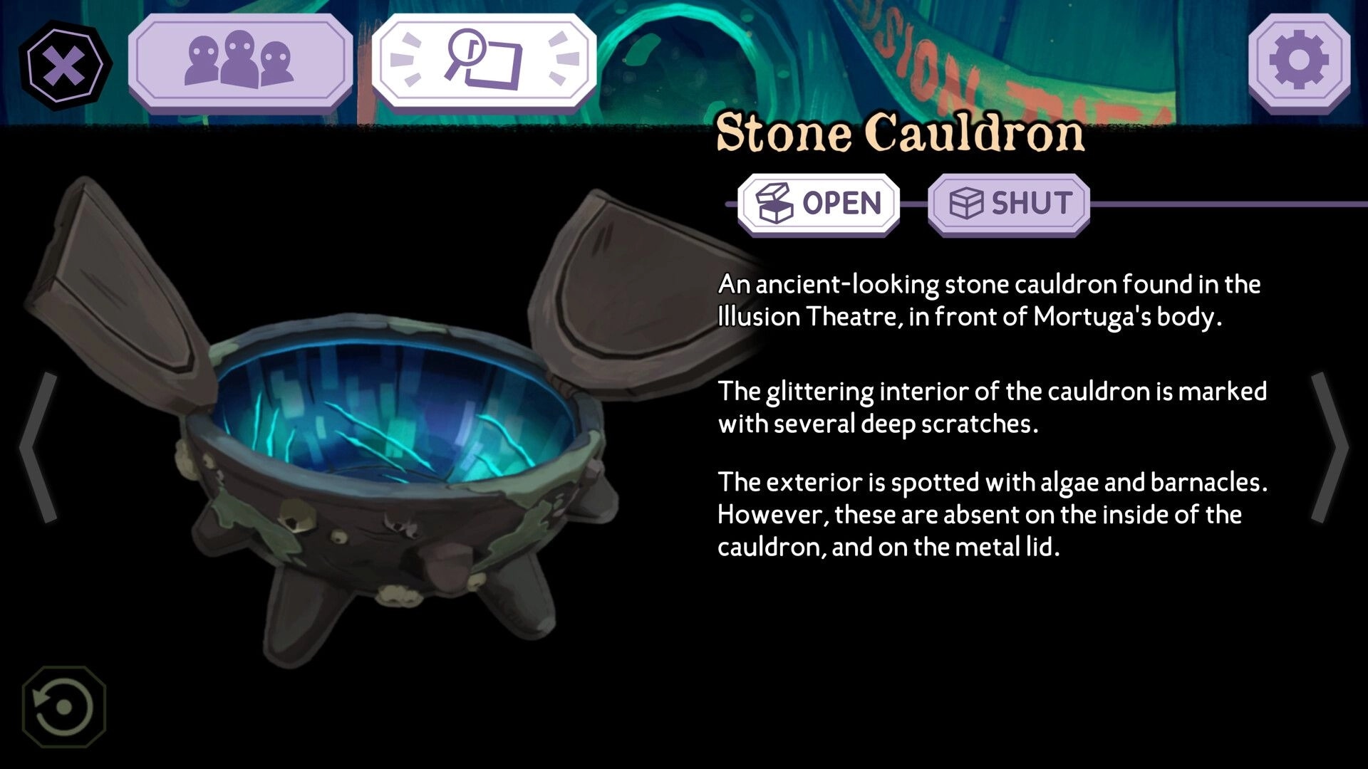 The Mermaid Mask: Stone cauldron interface with options to open or shut, set in the Illusion Theatre