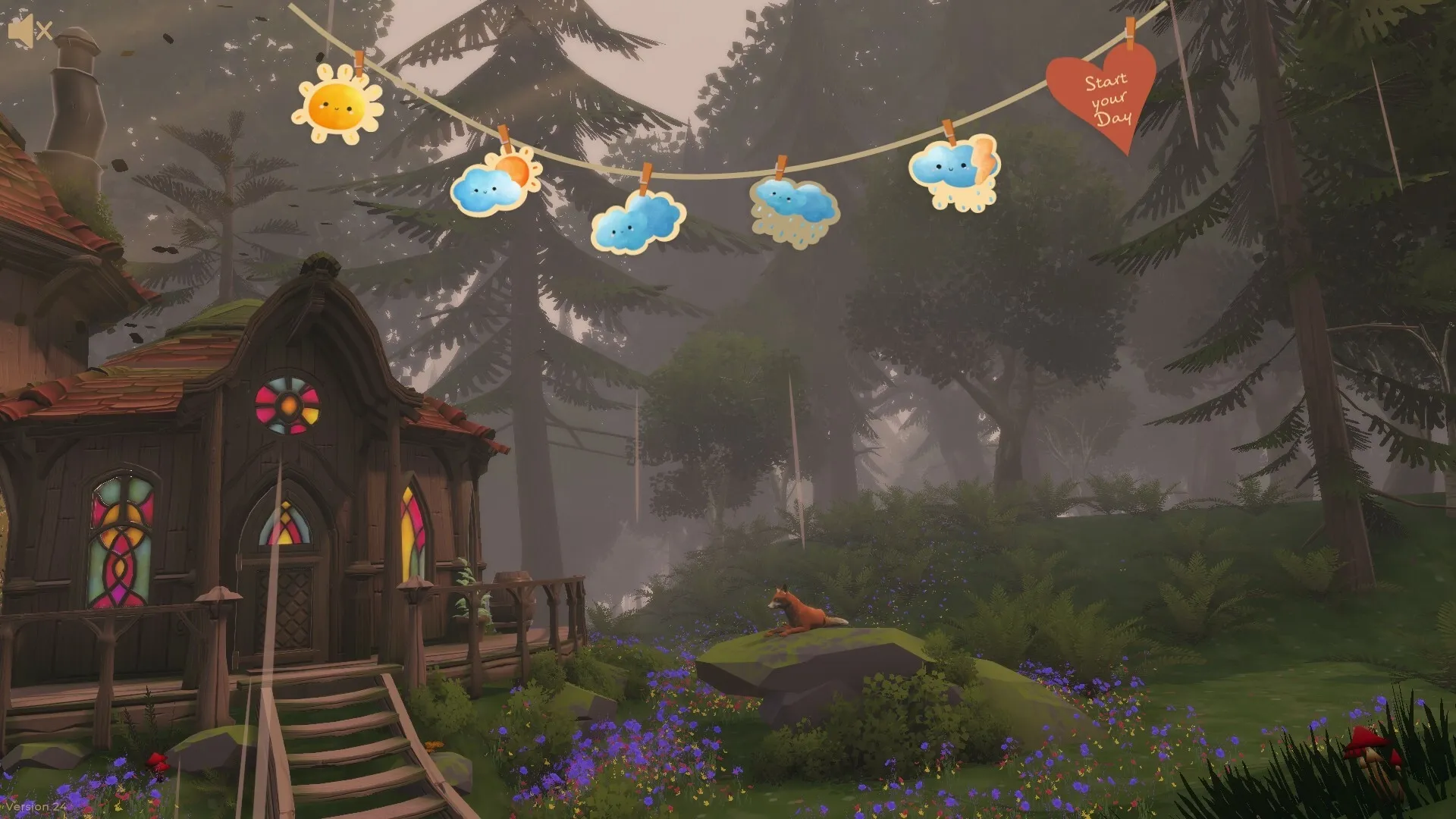 The Merry Fairy: Enchanted cottage with doodles on a string amidst a magical forest setting.