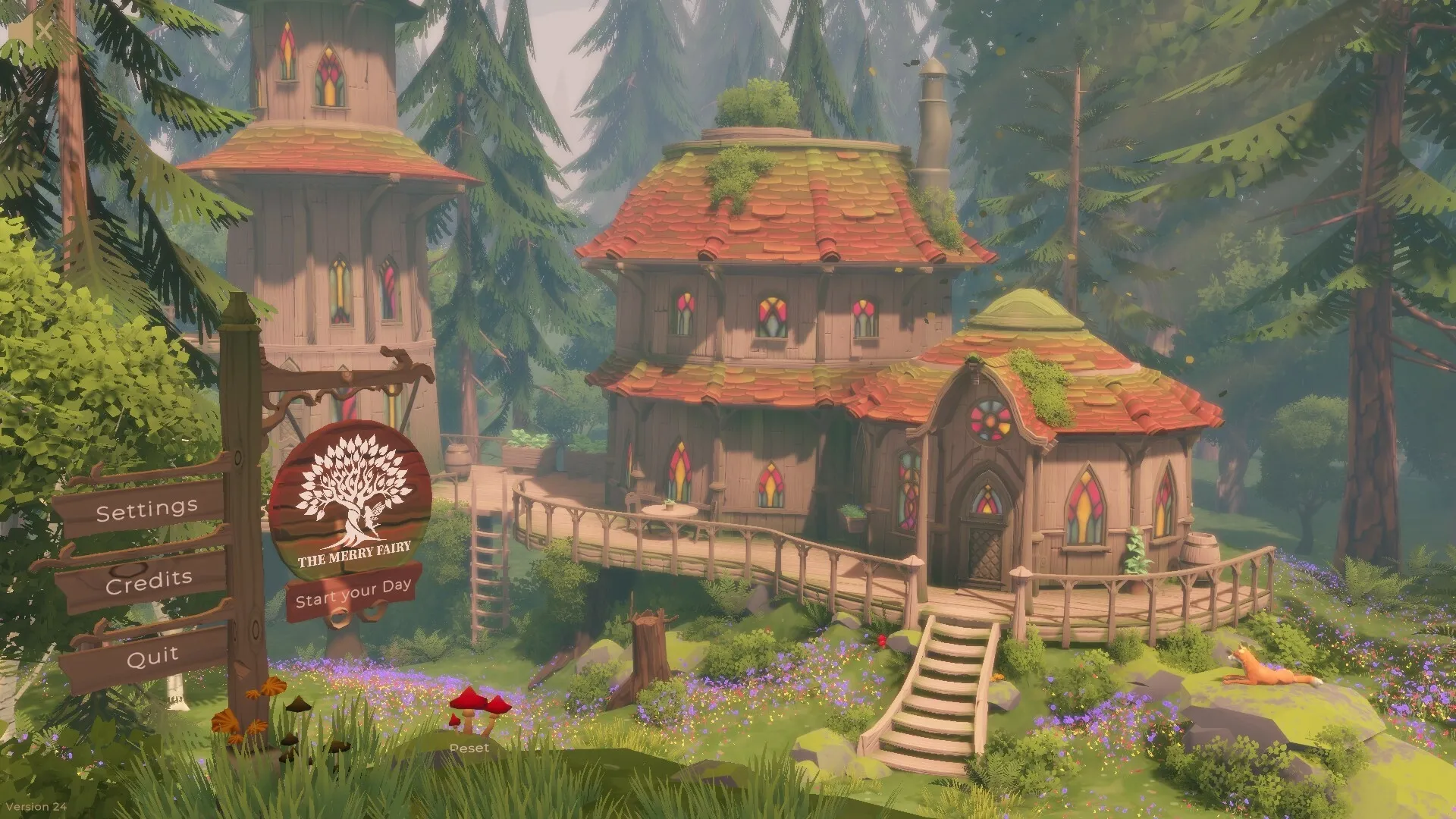 The Merry Fairy: Main menu with settings and options beside a whimsical cottage in forested Fairyland