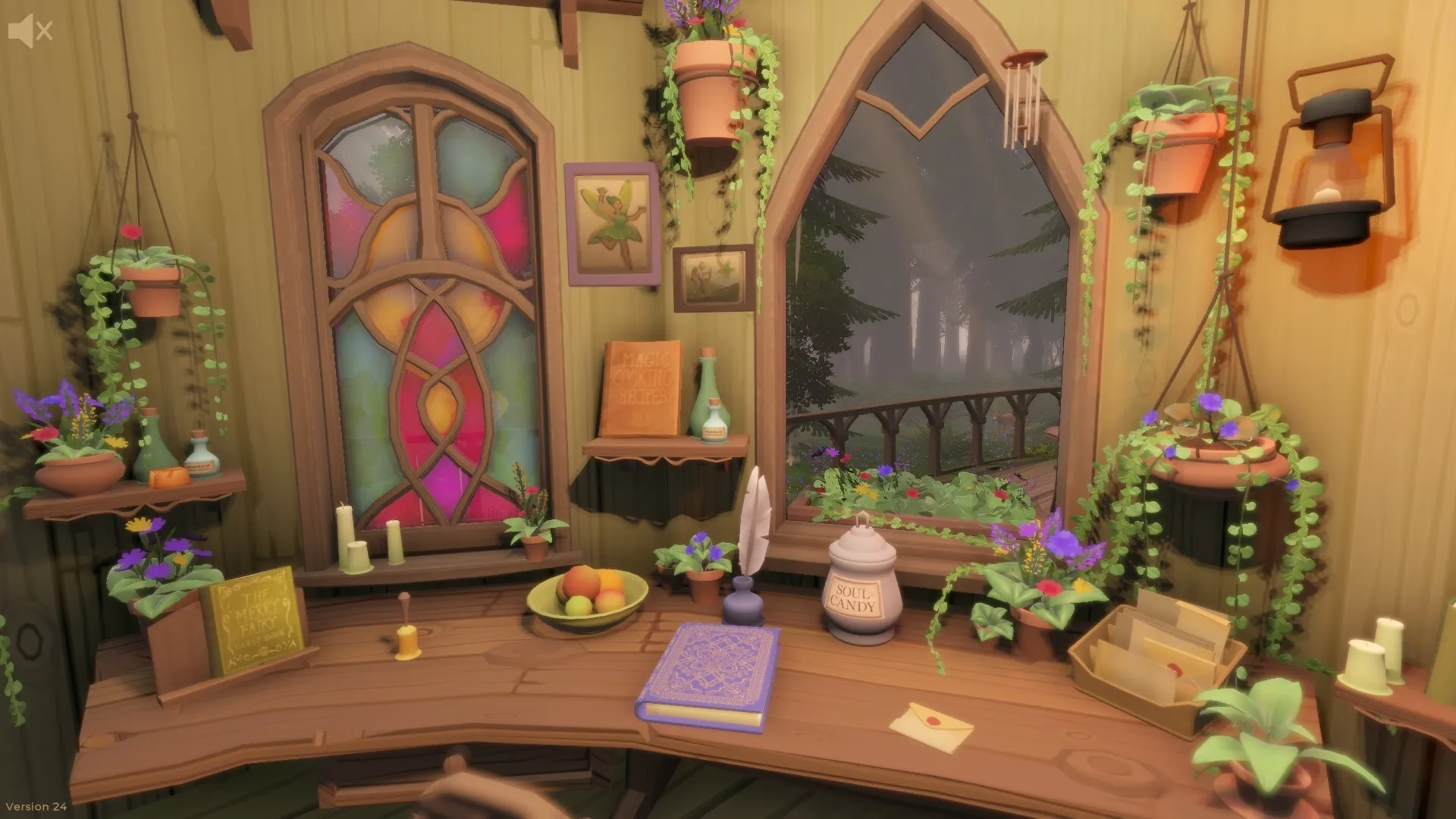 The Merry Fairy: Cozy cottage interior with colorful stained glass, books, plants, and a forest view