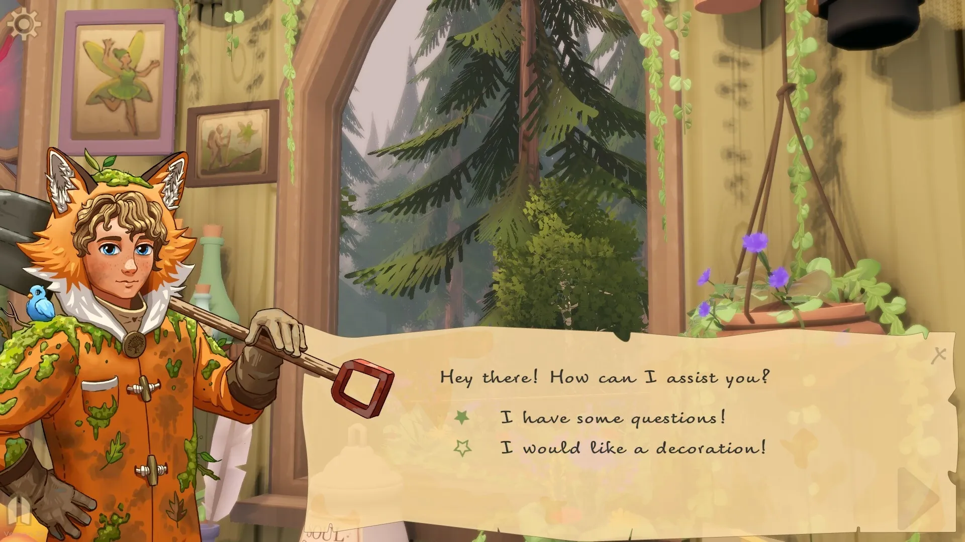 The Merry Fairy: Character dialogue options with a fox-eared figure inside a cozy, plant-filled cottage