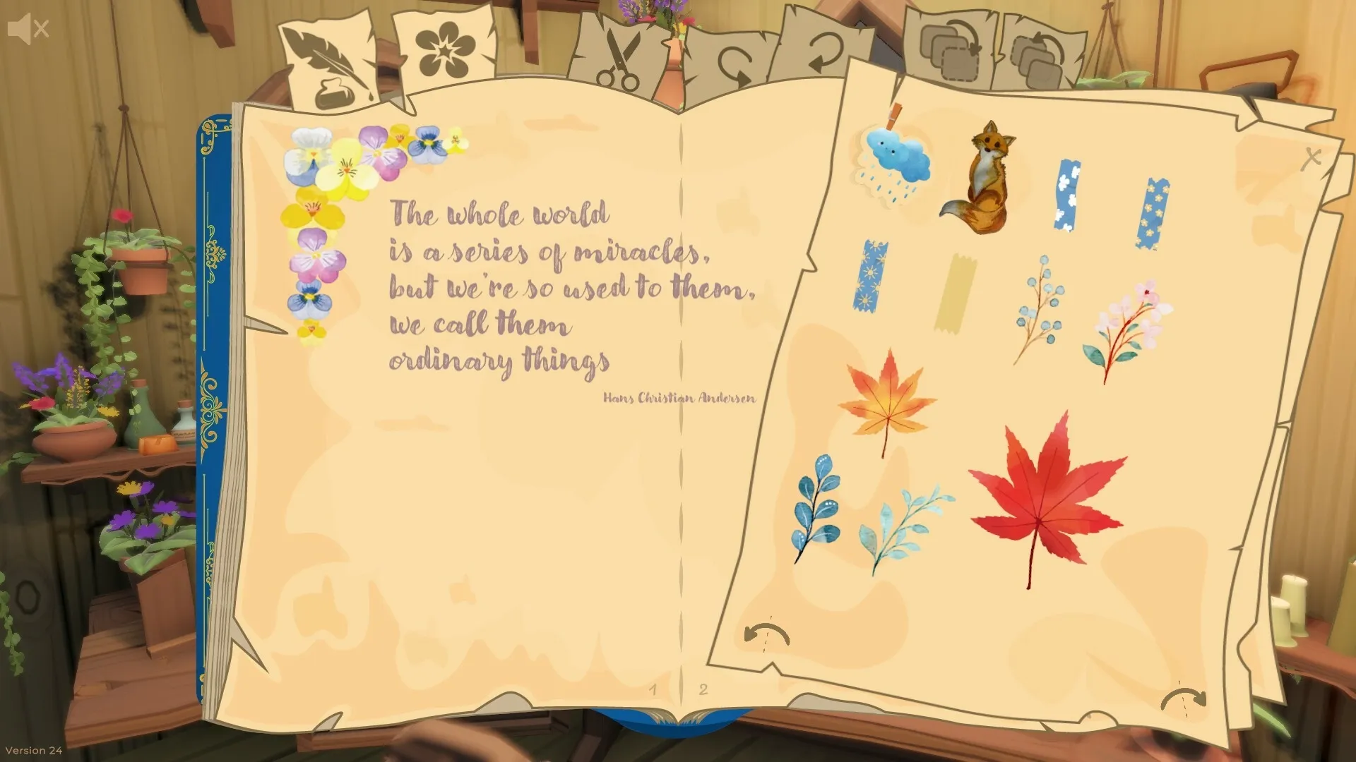 The Merry Fairy: Open journal in cozy cottage with quotes, floral doodles, and decorative elements.