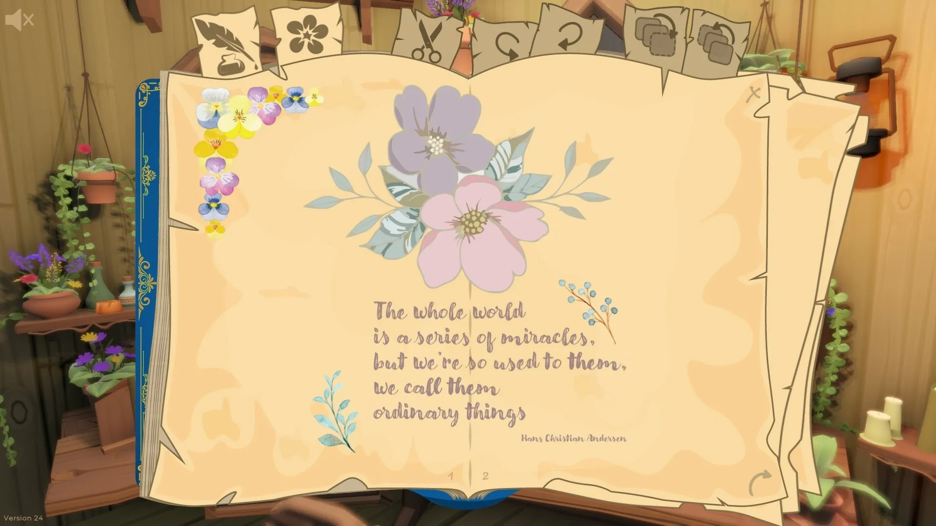 The Merry Fairy: Open journal spread with floral border and inspiring quote in cozy cottage setting