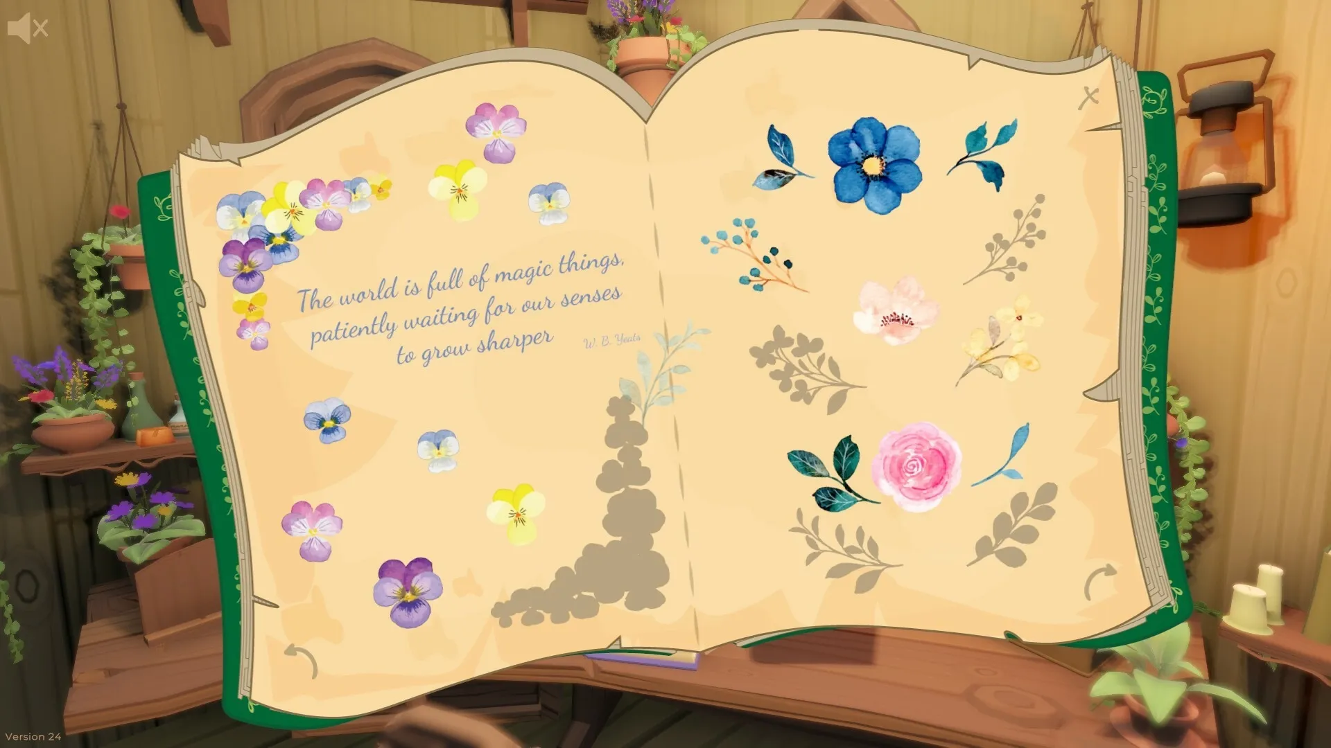 The Merry Fairy: Open journal with colorful flower doodles and inspirational quote in a cozy cottage setting