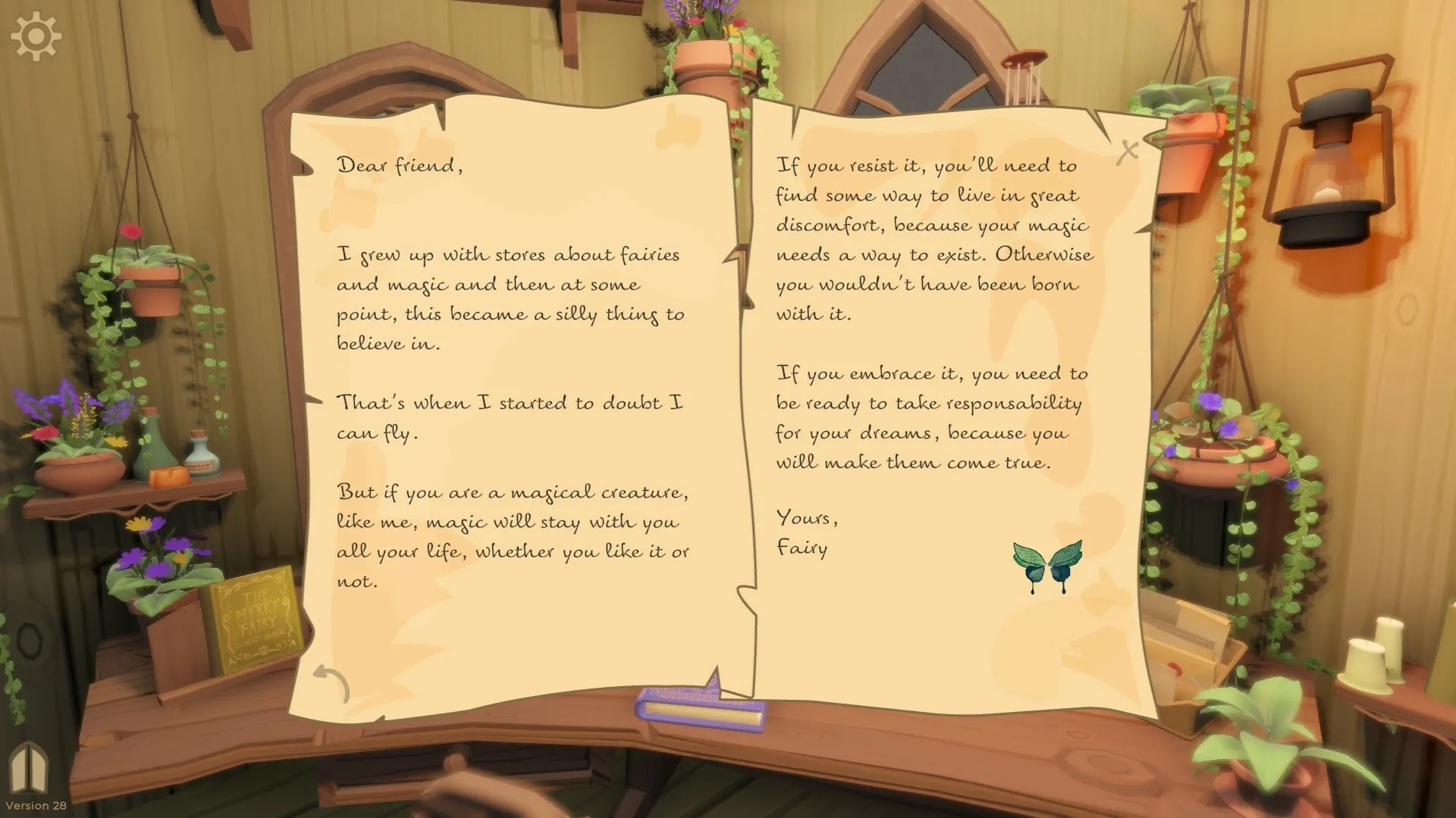 The Merry Fairy: Open journal with handwritten letter in Fairy's cozy wooden cottage filled with plants