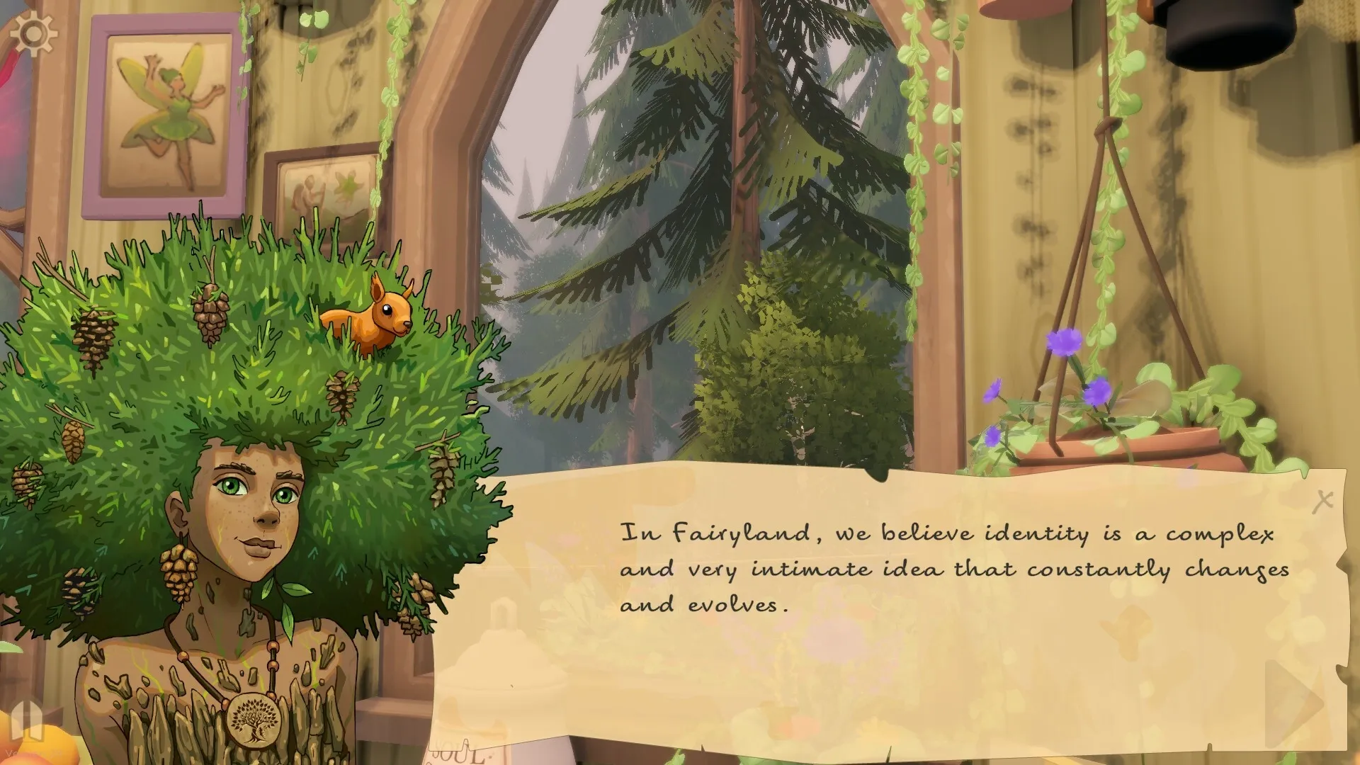 The Merry Fairy: Tree spirit character with a squirrel companion in cozy forest cottage interior scene
