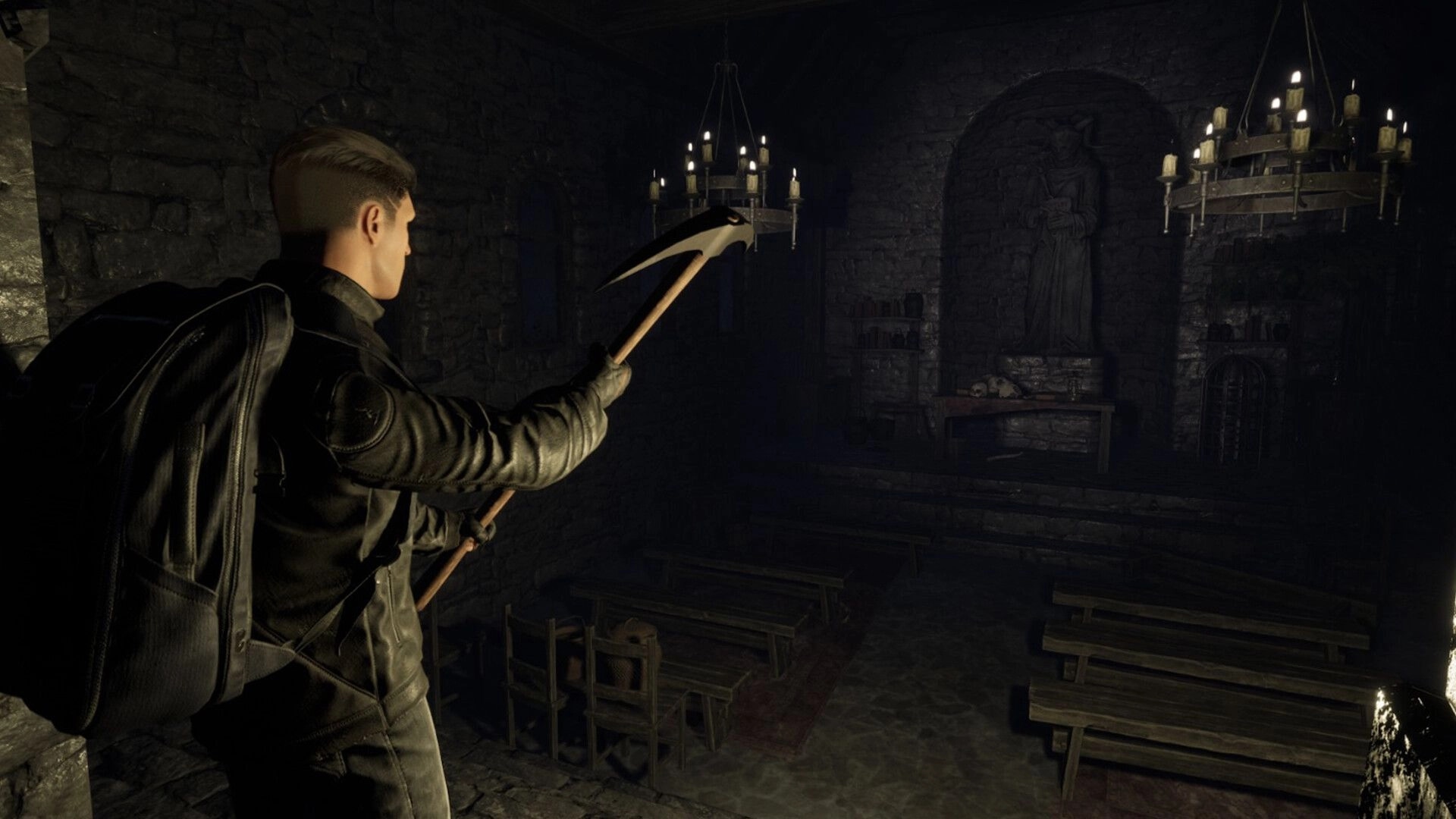 The Midnighters: Player explores dimly lit stone chapel holding a pickaxe, surrounded by wooden benches.
