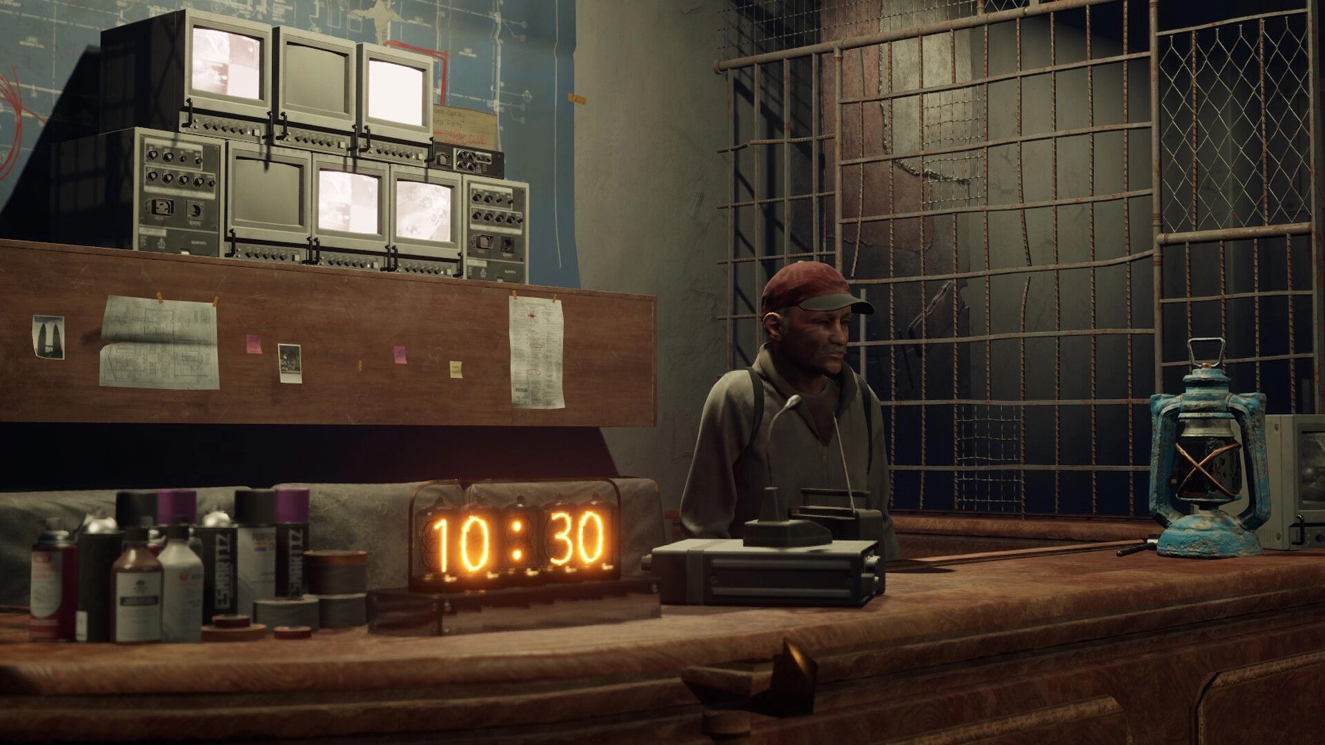 The Midnighters: Character behind a counter with surveillance monitors and a glowing clock display