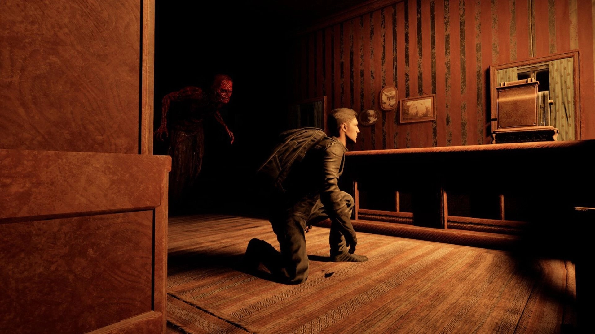 The Midnighters: Player crouching in dimly lit room while eerie creature lurks behind in the shadows