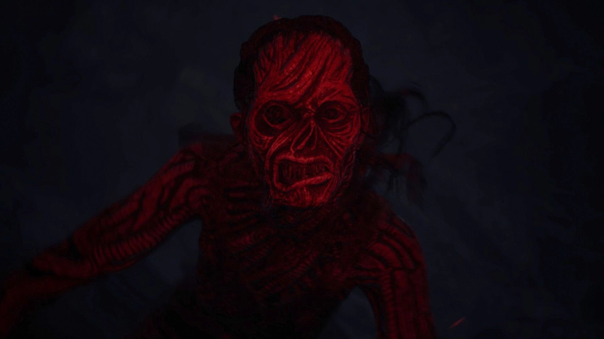 The Midnighters: Red-skinned creature emerging in darkness, eerie atmosphere with shadowy background