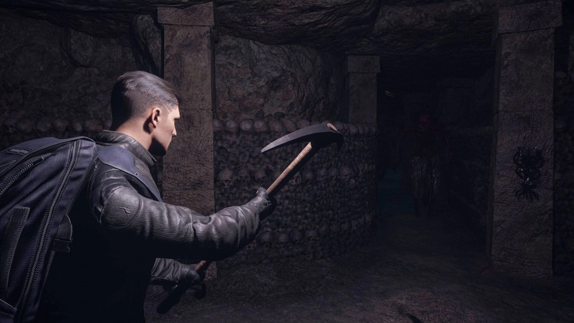 The Midnighters: Player with pickaxe cautiously explores dark tunnel with skull-lined walls