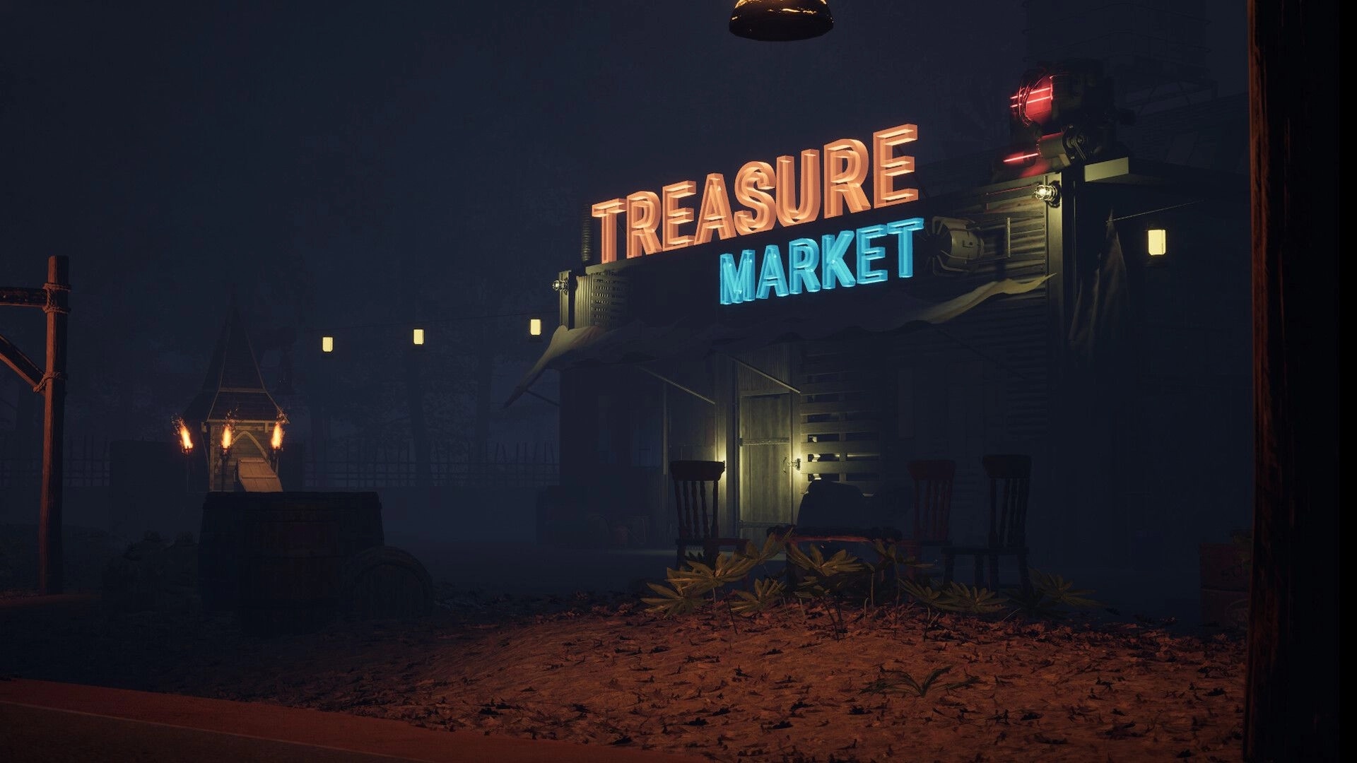 The Midnighters: Eerie night scene of a deserted treasure market with glowing neon signs and chairs