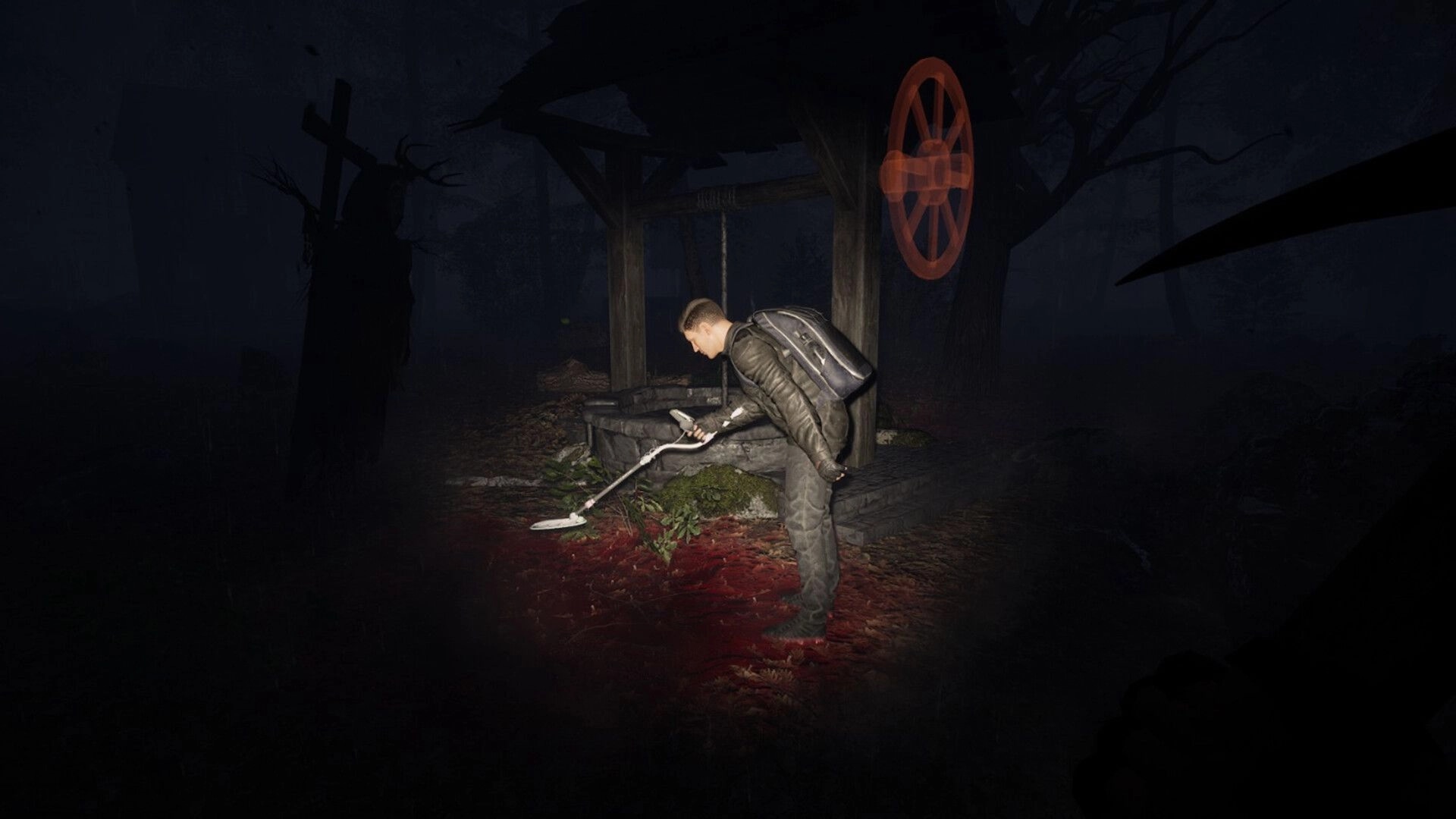 The Midnighters: Player using metal detector at night near an old well in a dark, eerie forest setting