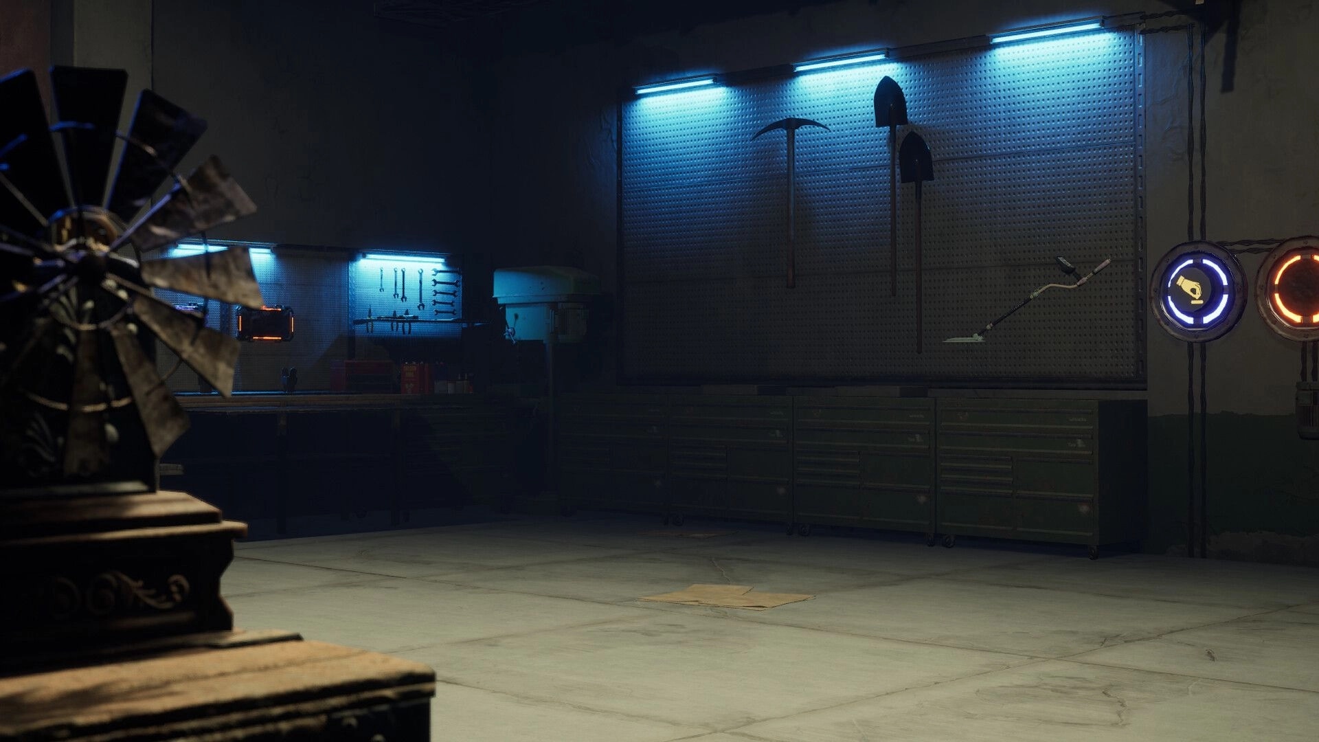 The Midnighters: Dimly lit workshop with tools on walls and glowing dials in a mysterious setting