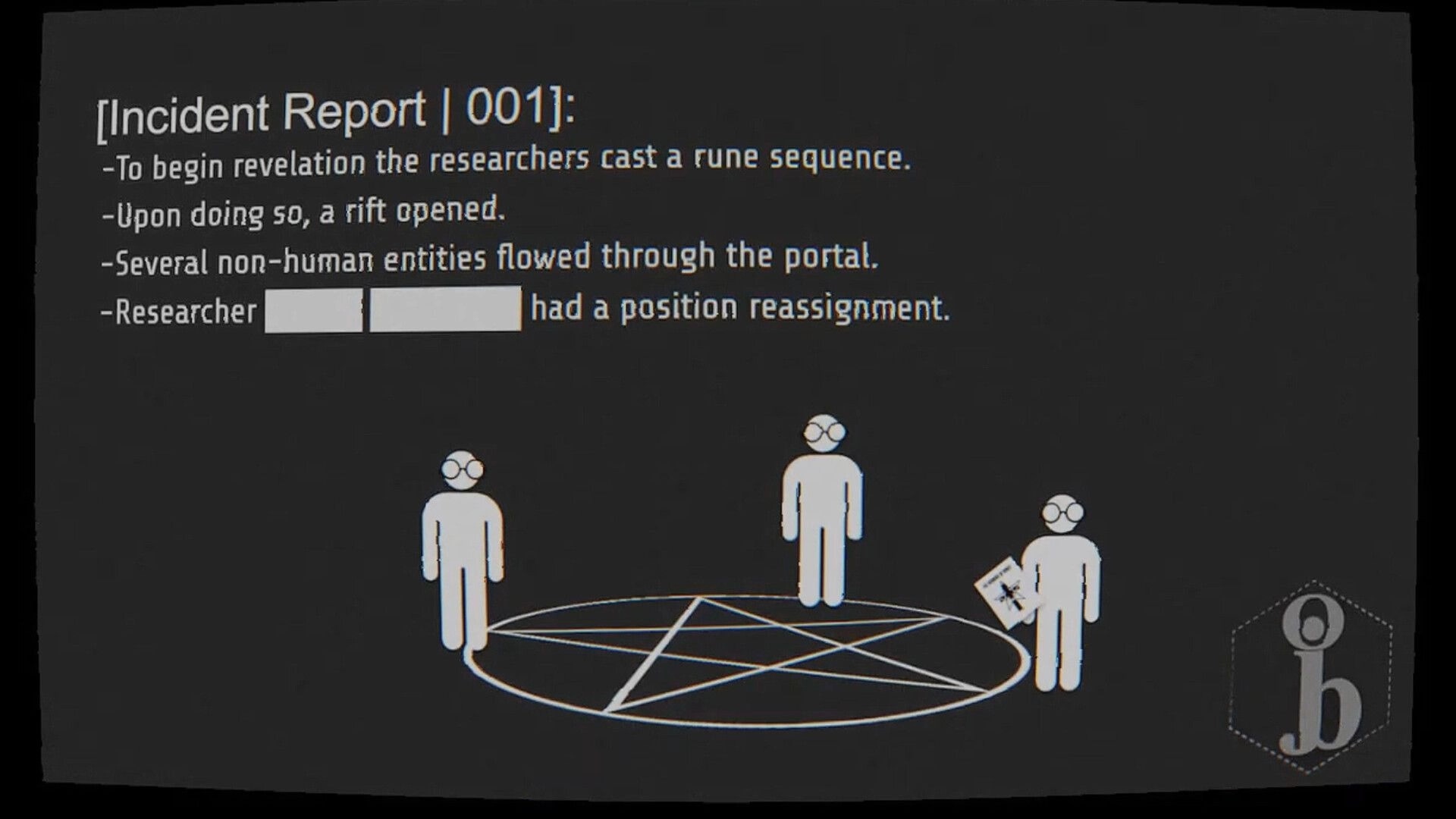 The Missing Rune: Incident Report 001 text overlay above three researchers around a rune circle diagram.