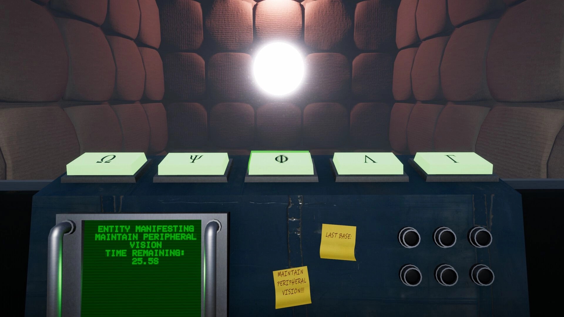 The Missing Rune: Rune console with symbol tiles and warning timer in a padded containment room.