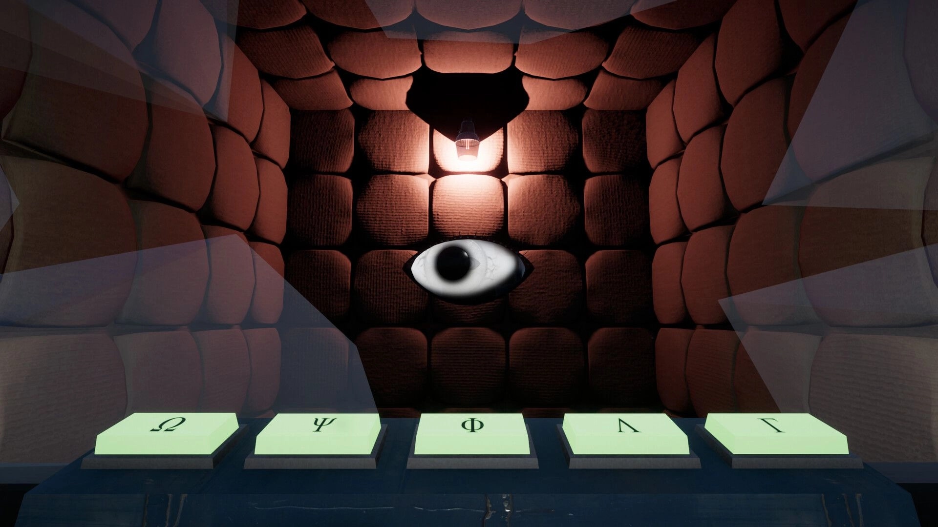 The Missing Rune: Floating eye entity above rune tiles in a padded cell lit by a single lamp.