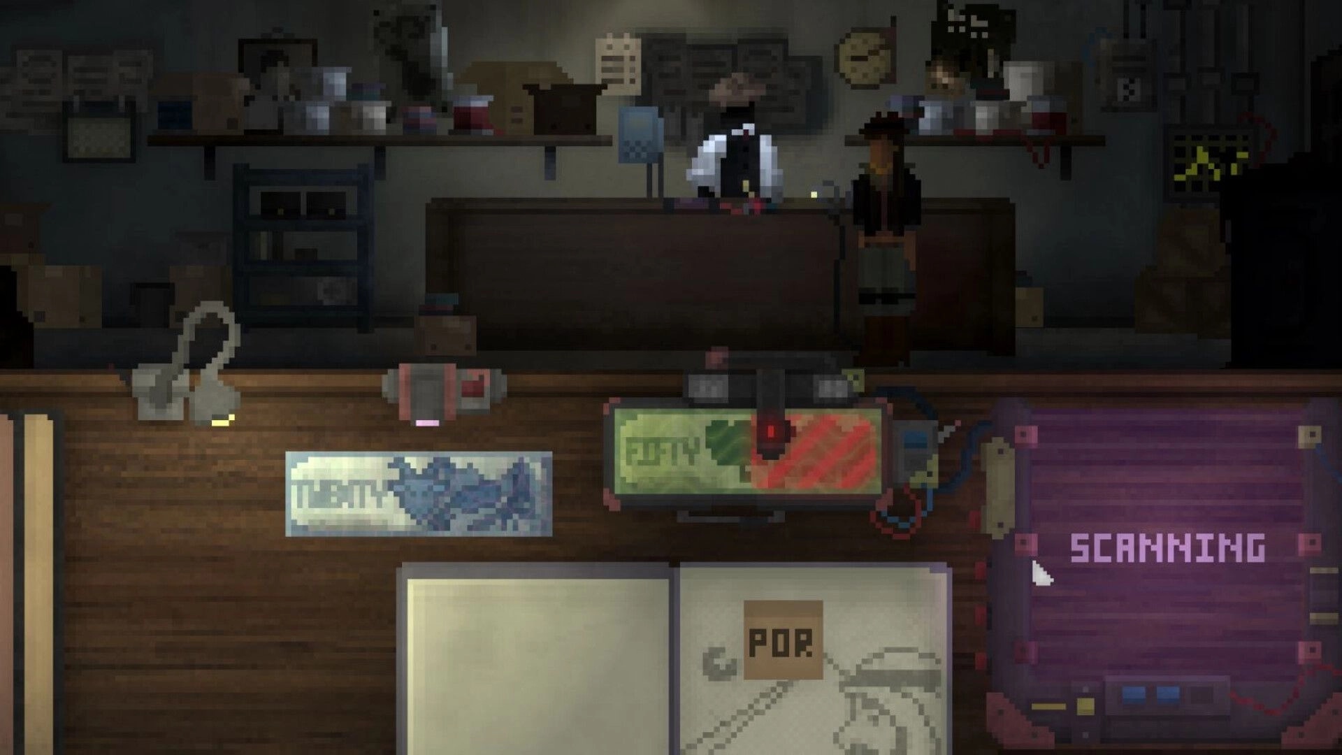 The Money Man: Counterfeit bill scanning on desk as two men talk across a backroom counter.