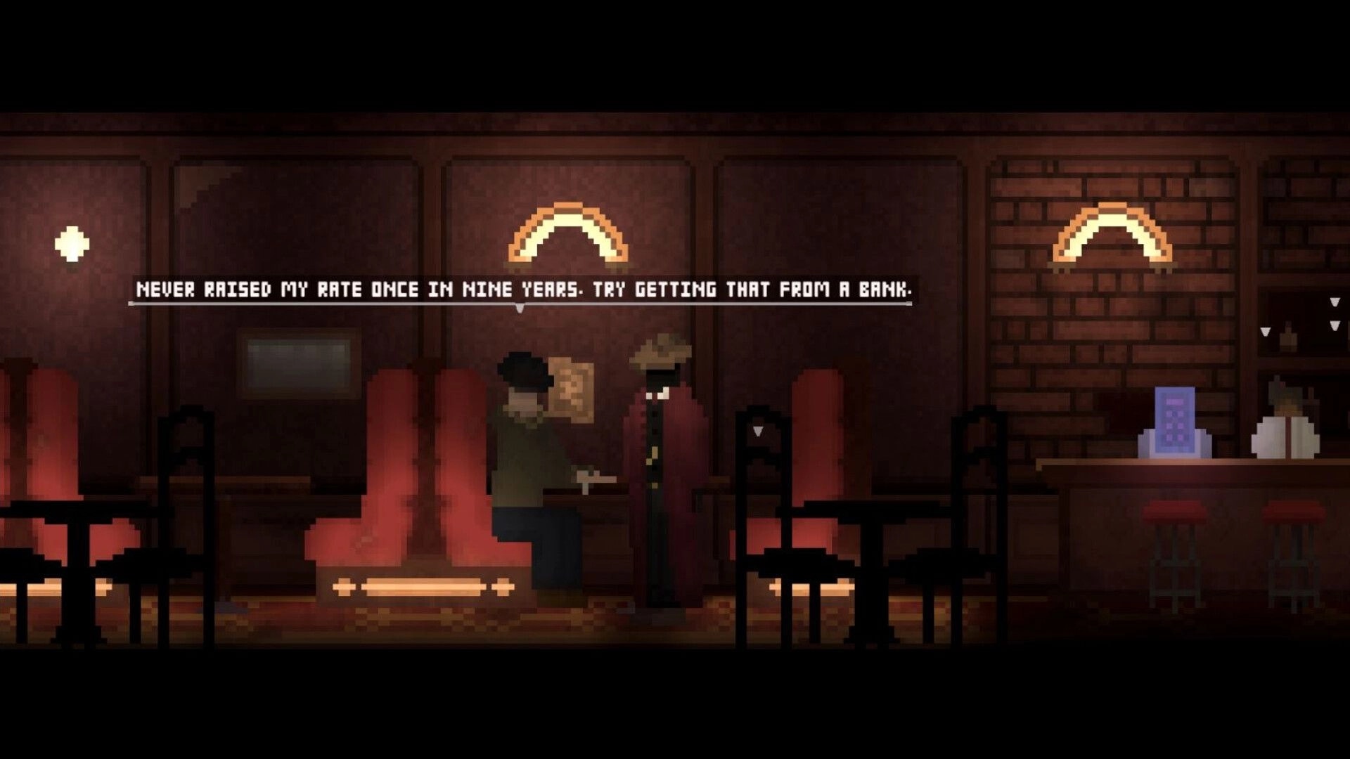 The Money Man: Dialogue scene with two patrons talking in a dim bar booth beside a counter.