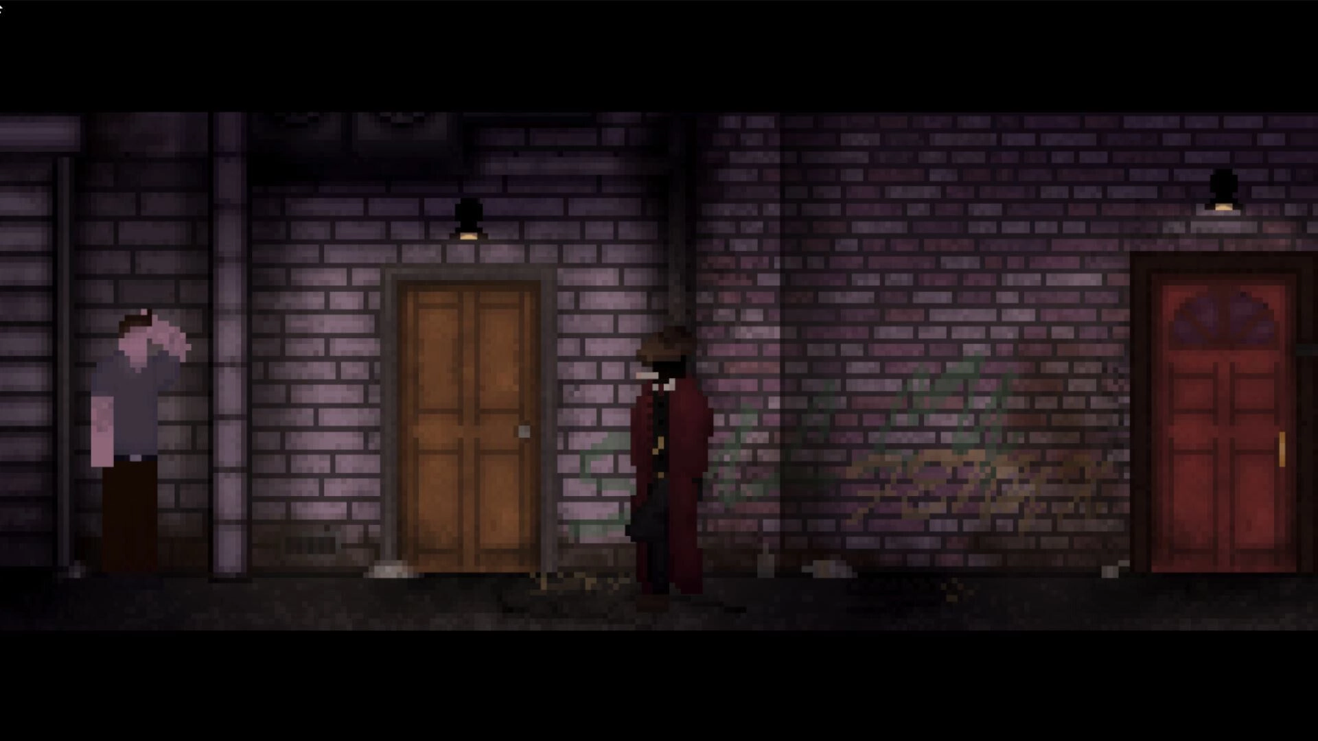 The Money Man: Pixel character in red coat stands by brick wall between two doors in alleyway.