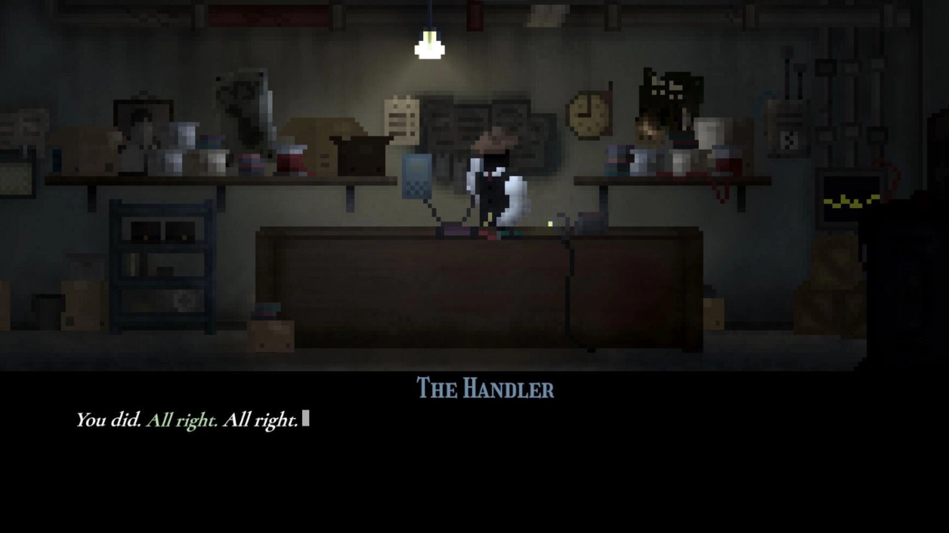 The Money Man: Bartender behind counter with cluttered shelves and dialogue box from The Handler.
