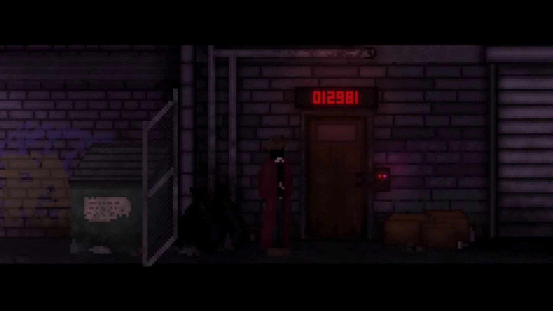 The Money Man: Trench-coated figure at a locked door with red code 012981 in a brick alleyway.