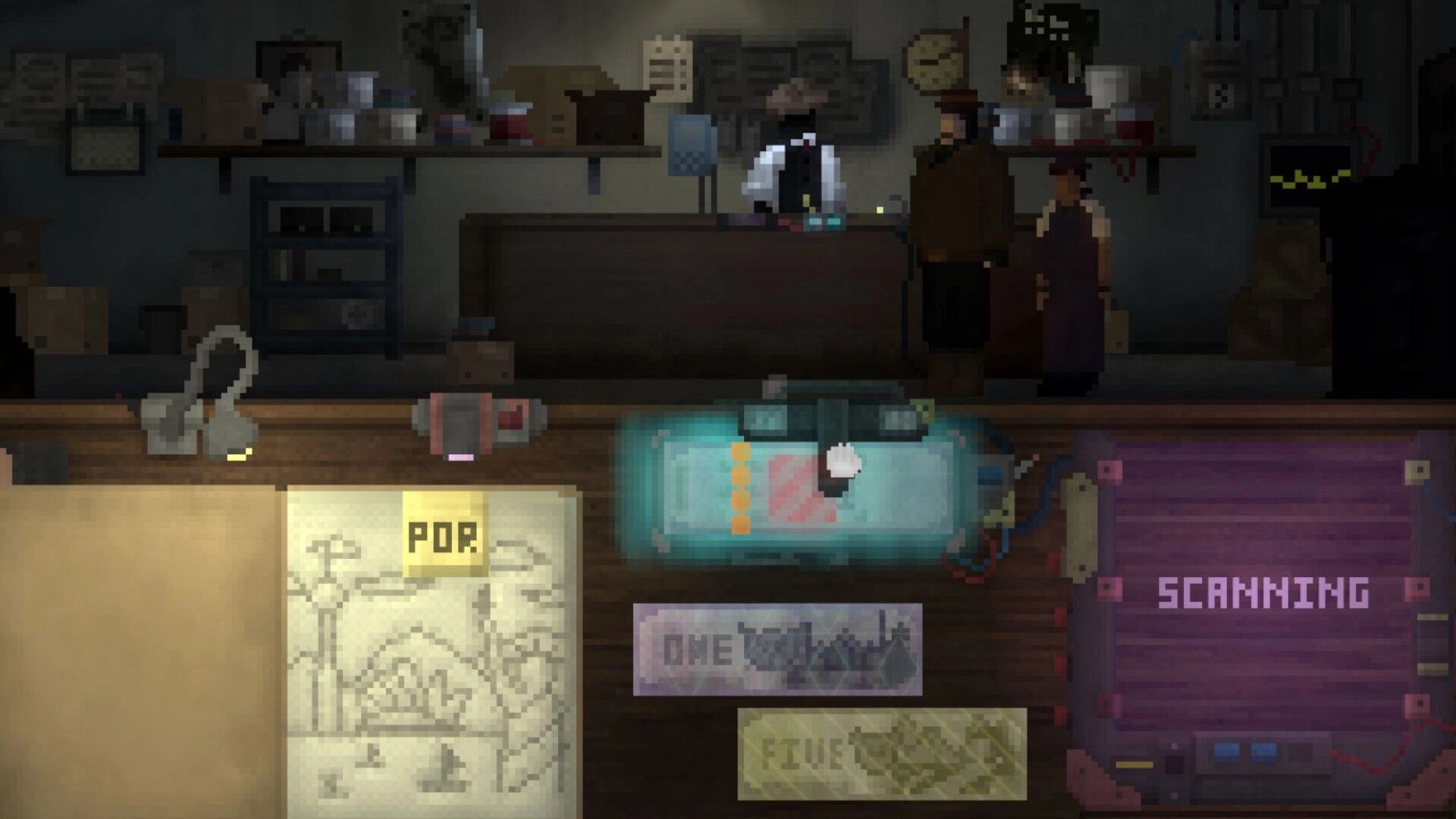 The Money Man: Cash bills and scanner UI on desk as two patrons wait at a dim backroom counter.