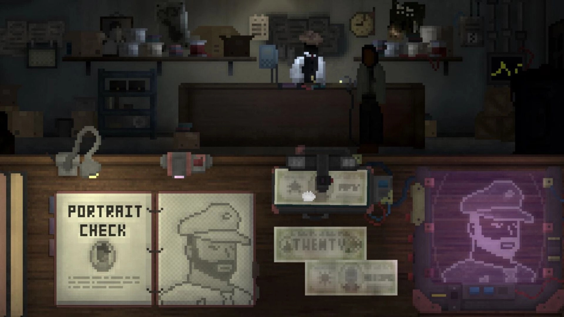 The Money Man: Portrait check UI with sketchbook and scanner at a dim backroom counter scene.