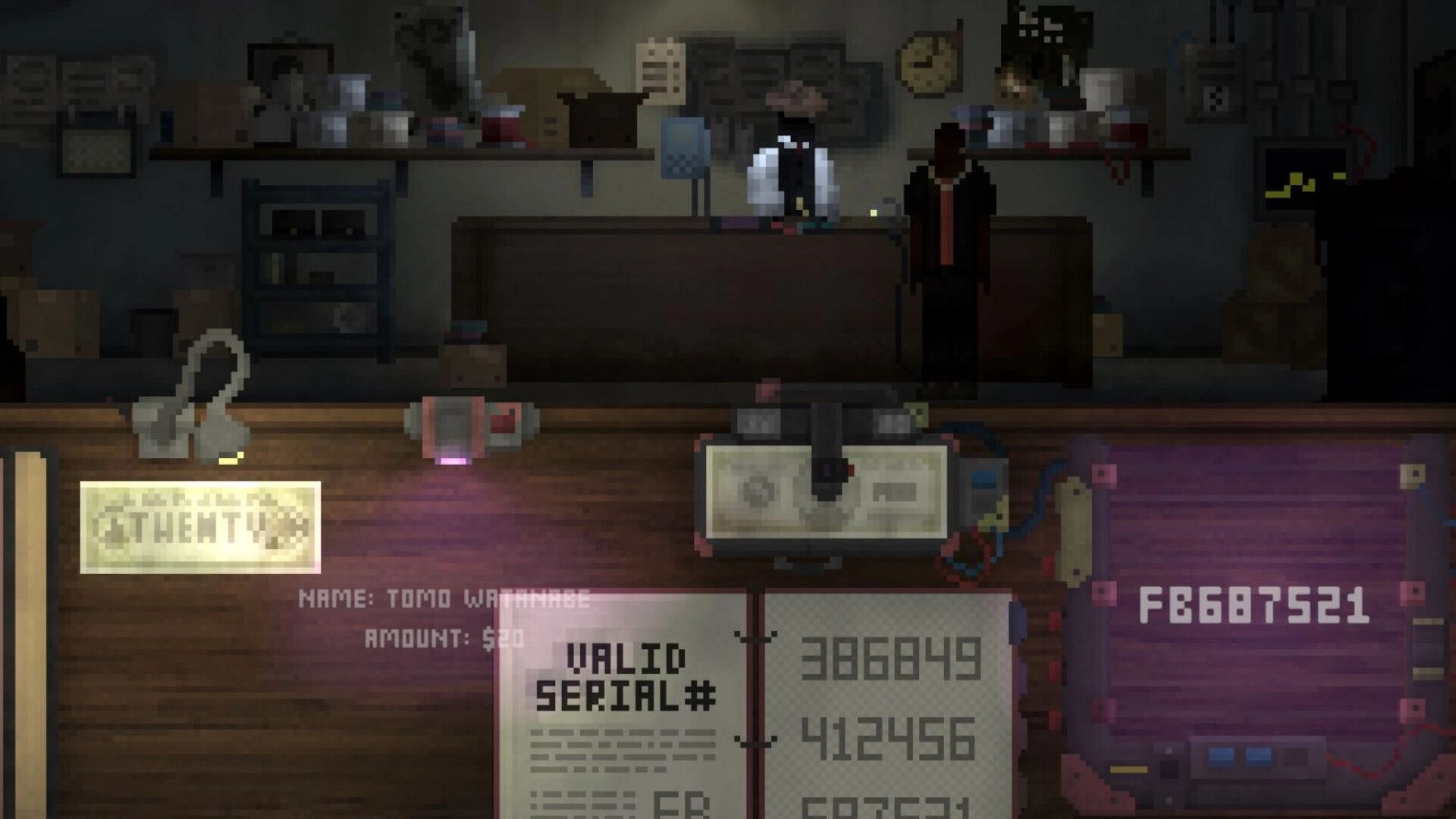 The Money Man: Checking a banknote serial and authenticity stamp at a dim backroom counter with NPCs.
