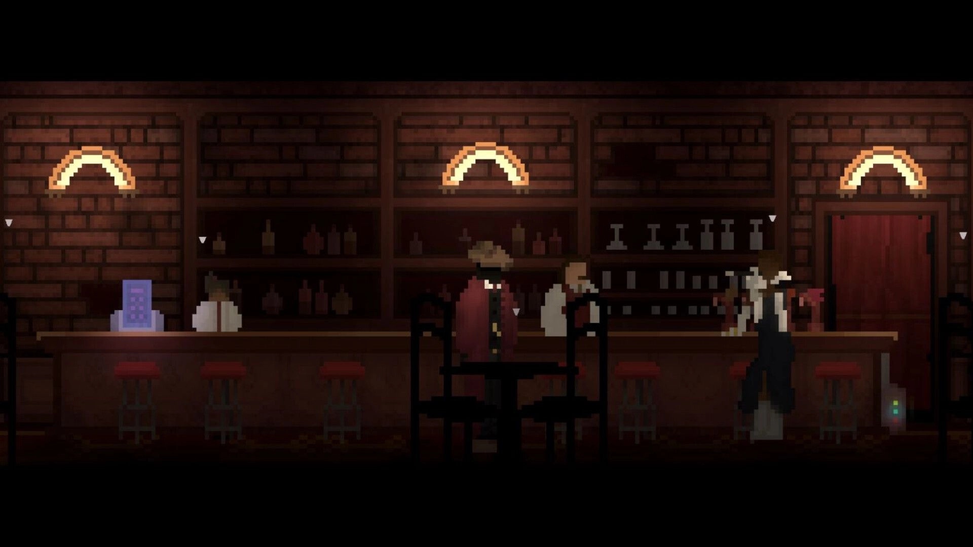 The Money Man: Pixel patrons at a bar counter with shelves of bottles in a dim brick speakeasy.