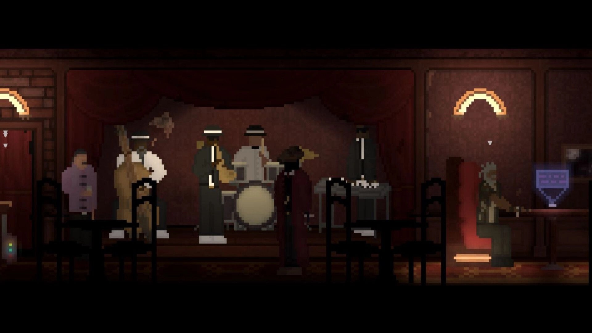 The Money Man: Jazz band plays on a small stage as a suited man sits at a desk in a dim club.