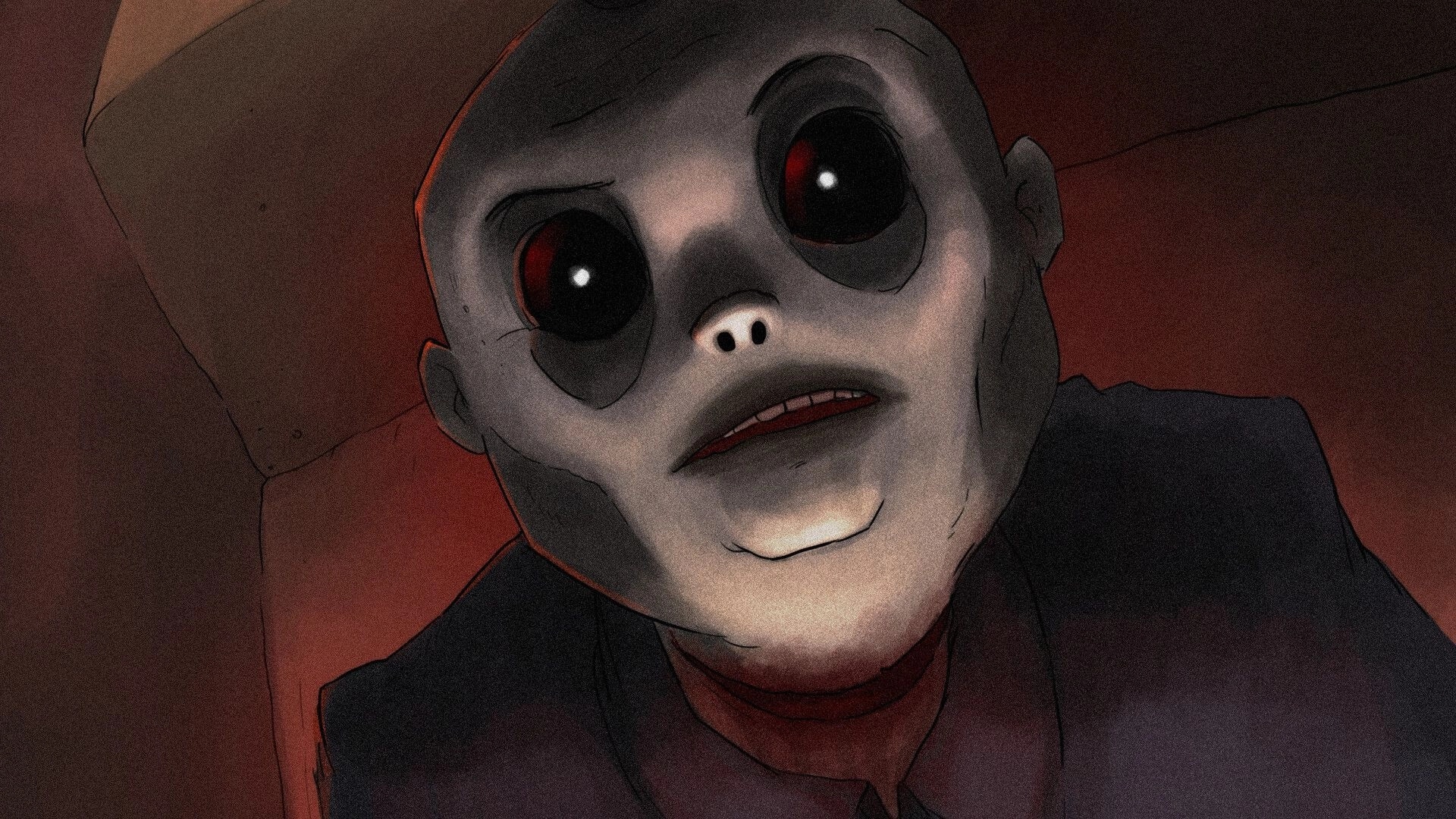 The Monkey’s Paw: Close-up of a pale, wide-eyed figure staring down in dim red lighting.