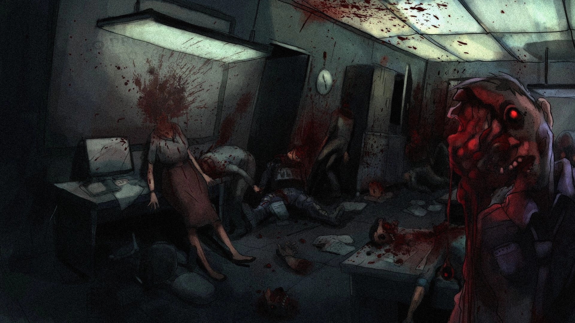 The Monkey’s Paw: Blood-soaked office with corpses, splattered walls, and a grotesque figure in foreground.