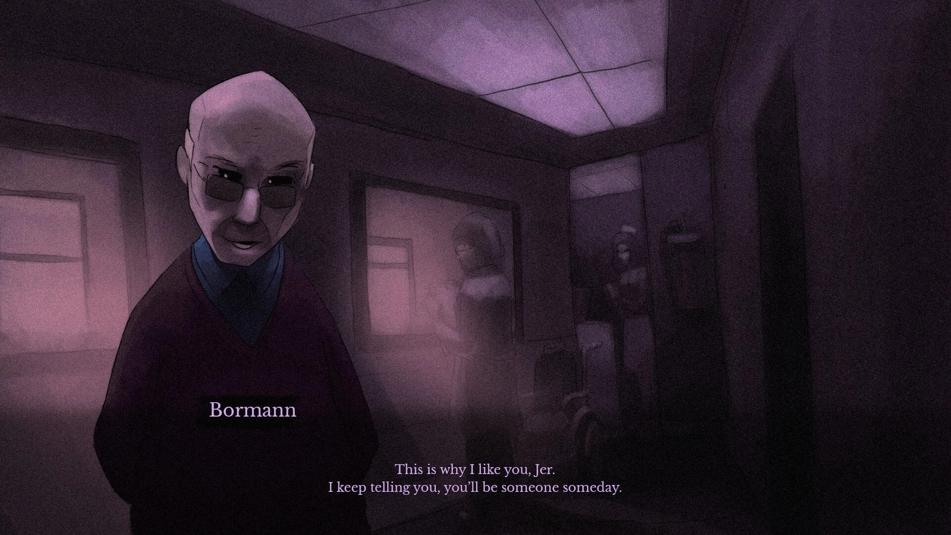 The Monkey’s Paw: Bormann speaks in dialogue UI inside a dim office hallway with blurred figures.