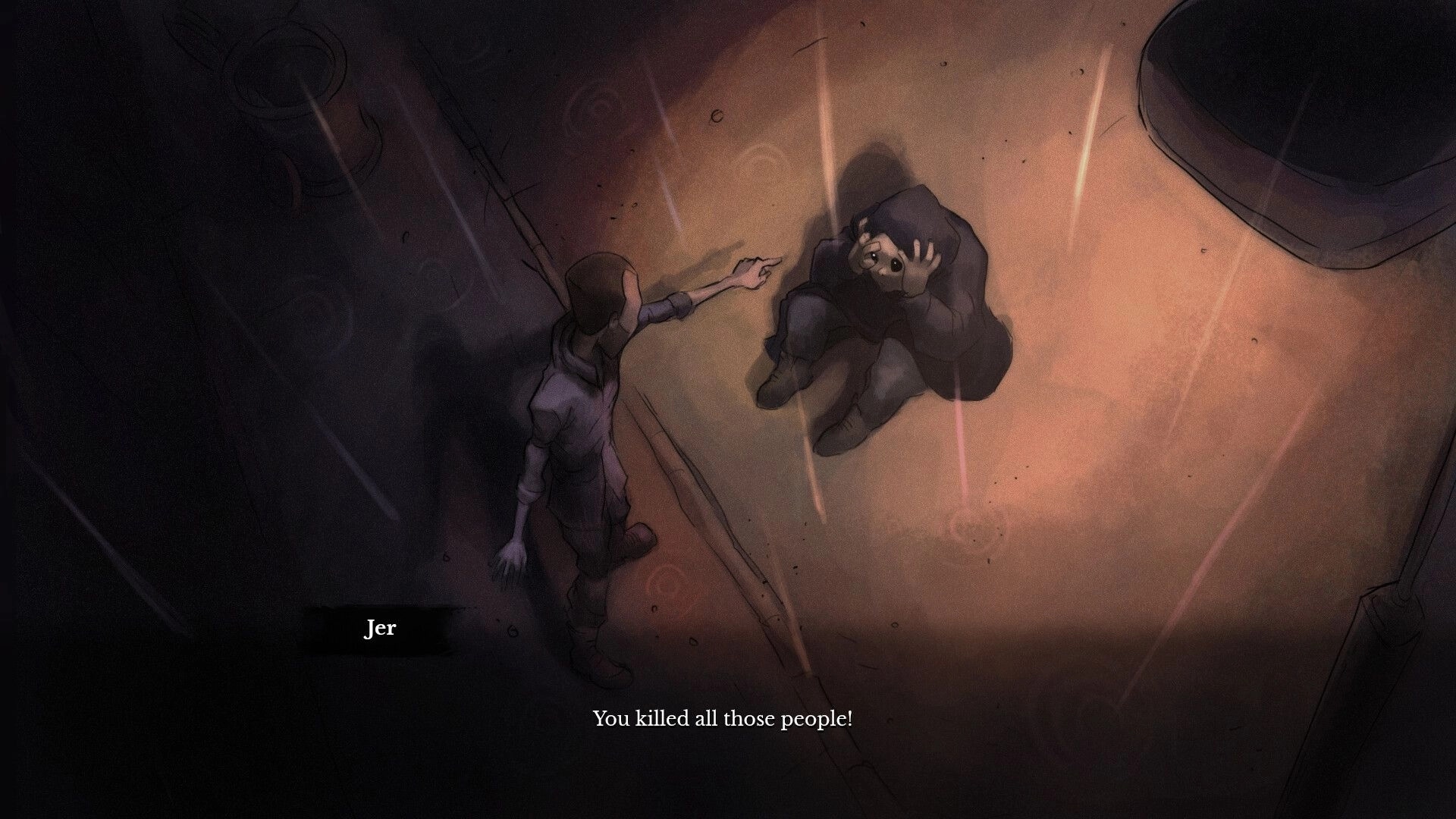 The Monkey’s Paw: Jer points at a cowering figure in rain, dialogue box reads “You killed all those people!”.