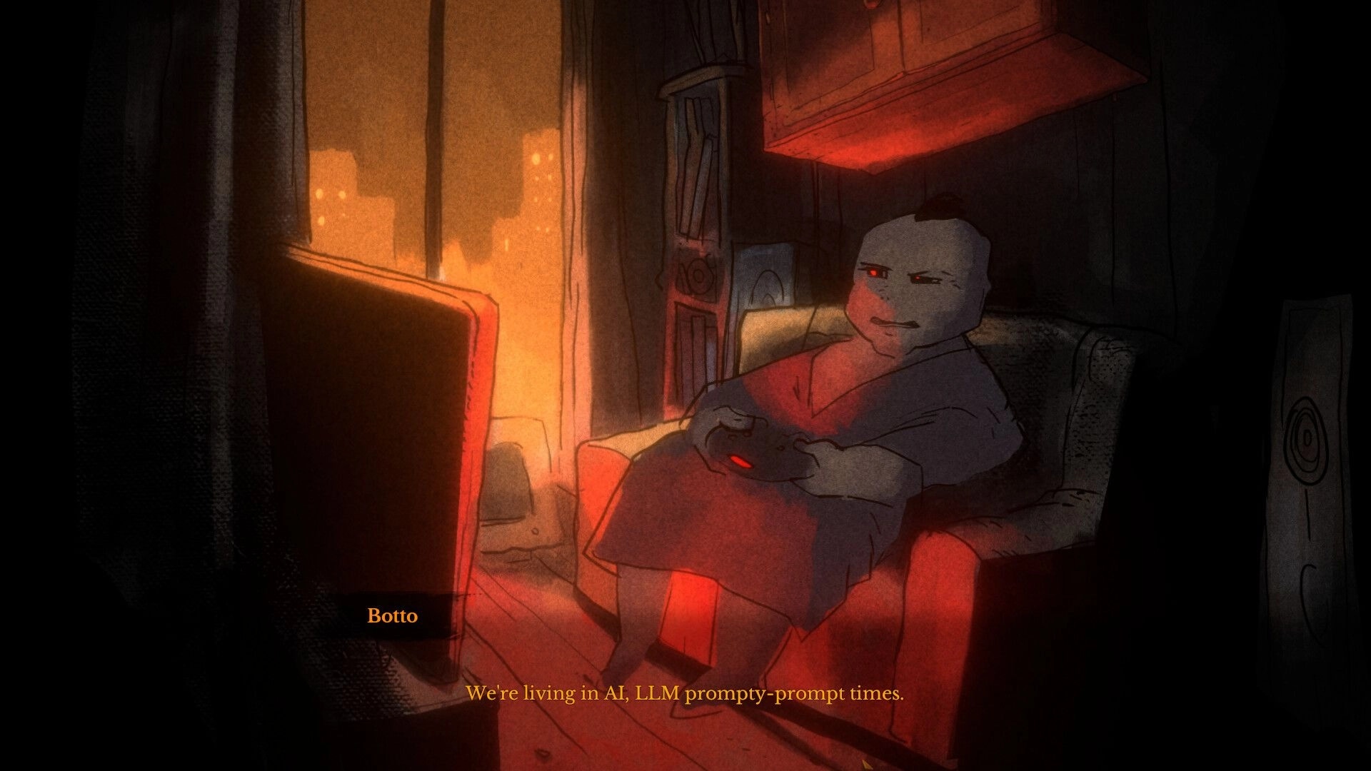 The Monkey’s Paw: Botto plays a console on a couch in a dim apartment, dialogue text below.
