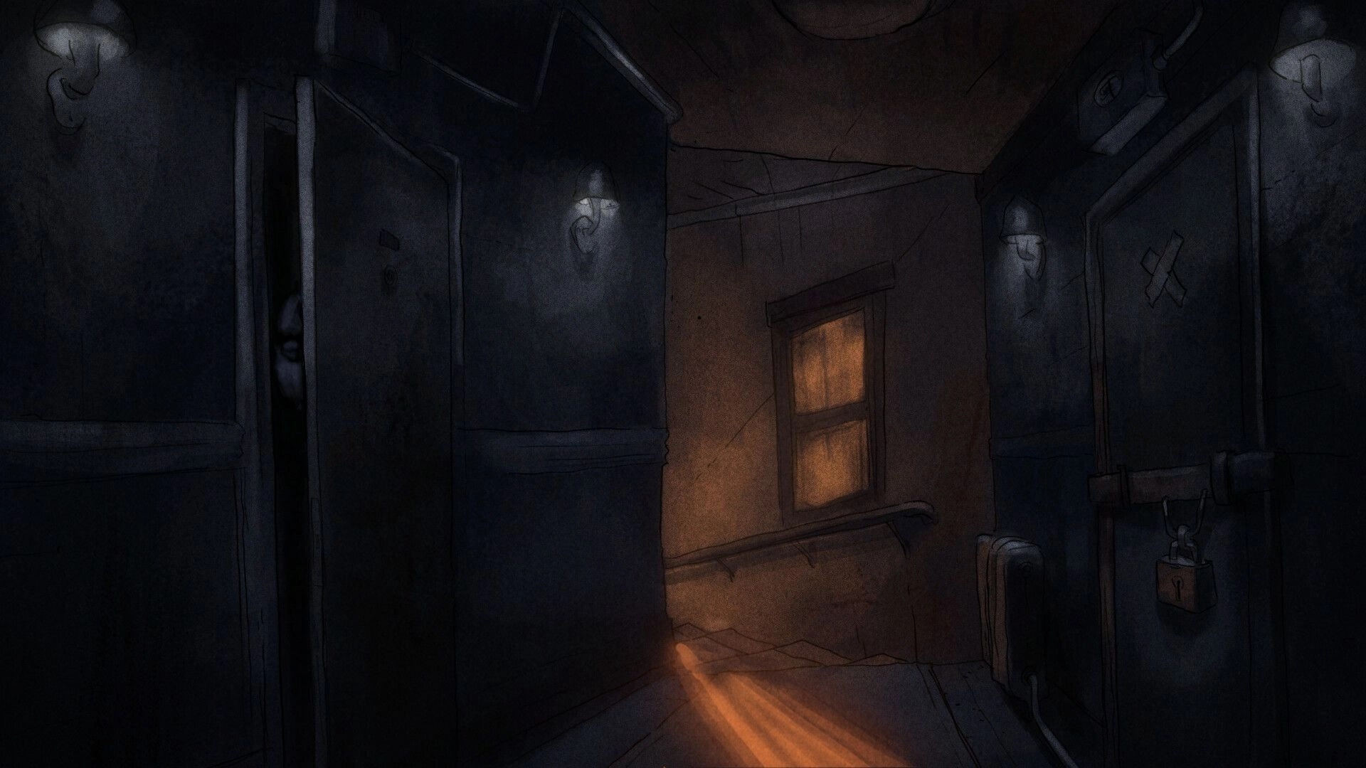 The Monkey’s Paw: Dim hallway with boarded door and lit window, wall lamps, and a padlocked box.
