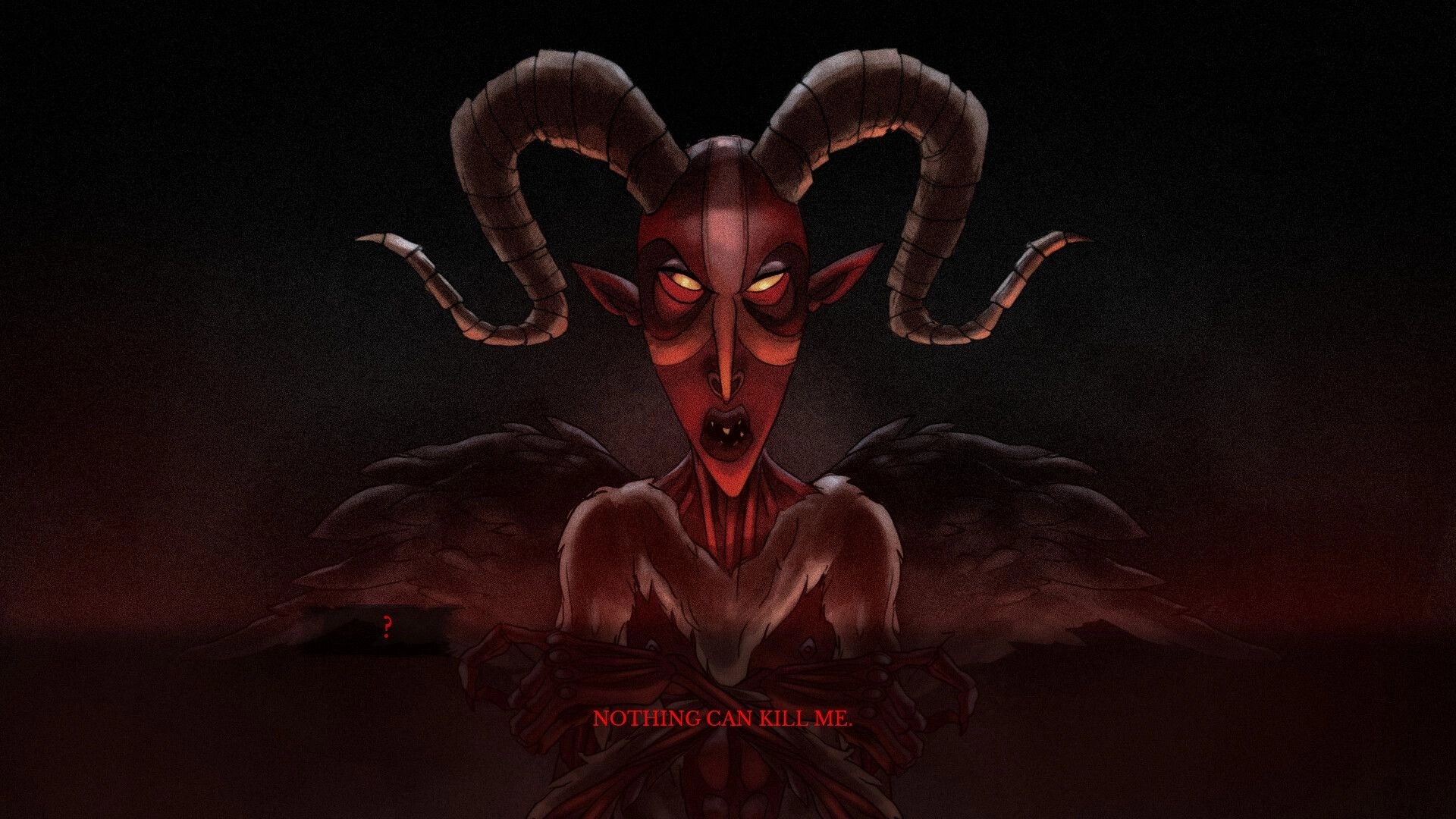 The Monkey’s Paw: Horned demon with wings and glowing eyes on dark screen, text “NOTHING CAN KILL ME.”.