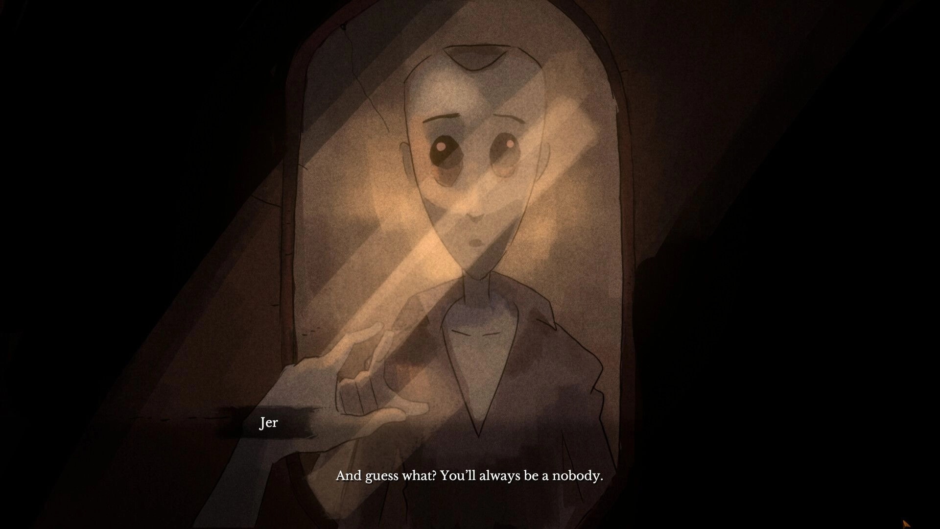 The Monkey’s Paw: Jer taunts in dialogue box as a pale figure looms in a dark, smoky scene.