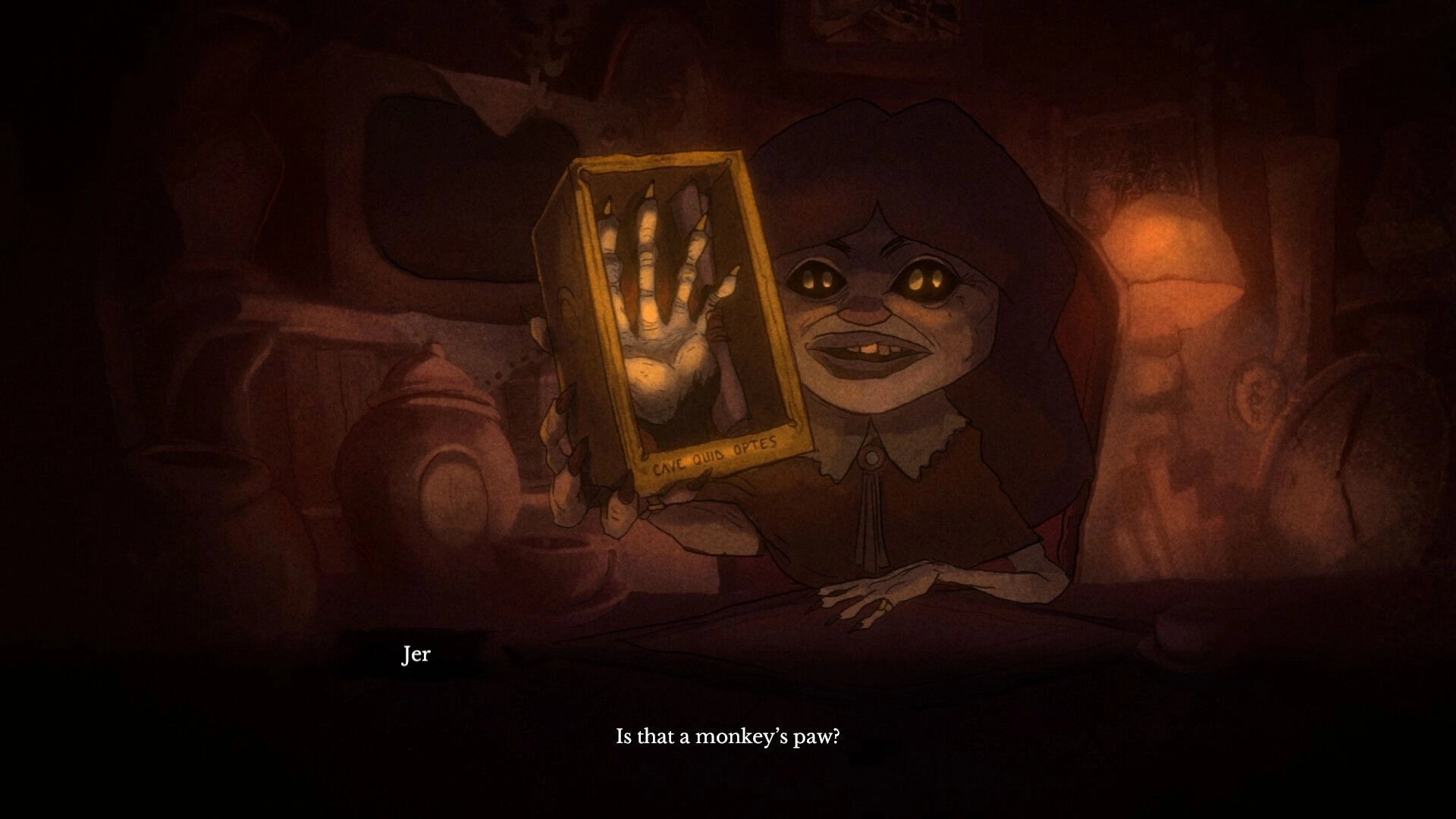 The Monkey’s Paw: Jer holds a framed monkey paw close-up in a dim room with dialogue text below.